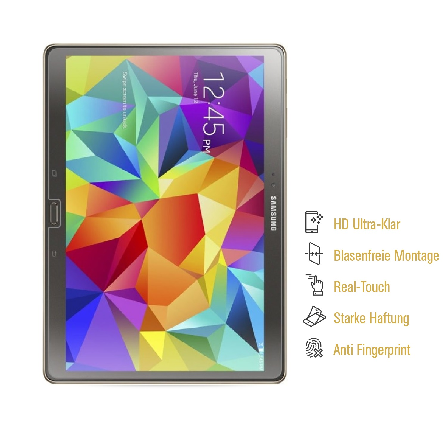 Ein Samsung-Tablet zeigt ein farbenfrohes geometrisches Muster auf dem Bildschirm. Die Uhrzeit ist 12:45 Uhr. Merkmale sind HD, Real Touch und Anti-Fingerprint.