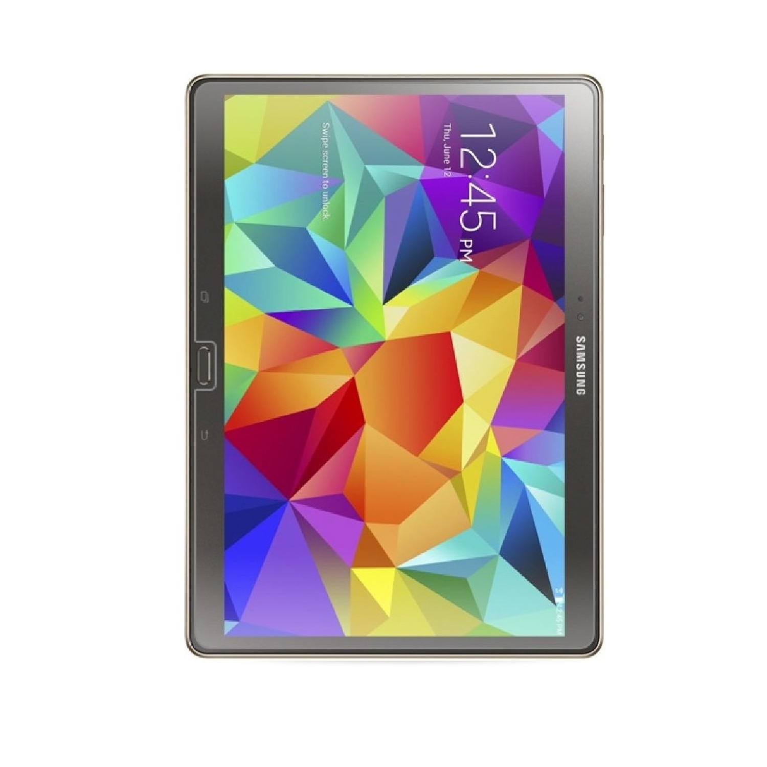 Ein Tablet zeigt ein farbenfrohes geometrisches Muster. Der Bildschirm zeigt die Uhrzeit, das Gerät hat einen Goldrahmen und das Samsung-Logo.