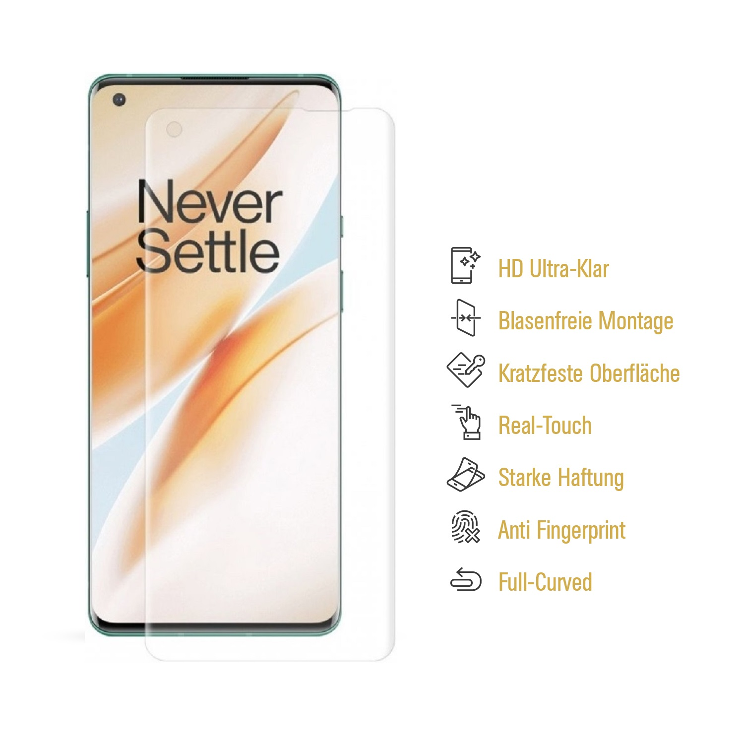 Ein Smartphone mit aufgebrachter Displayschutzfolie. Auf dem Telefon steht 'Never Settle'. Symbole zeigen Funktionen wie HD-Klarheit und Fingerabdruckschutz.
