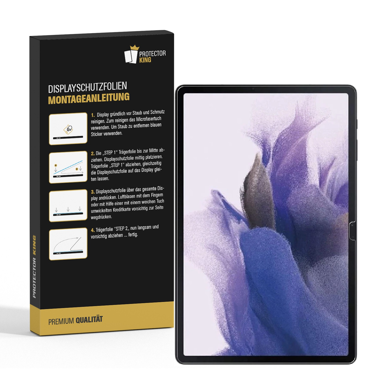 Ein Tablet neben einer schwarzen Box mit Anweisungen. Der Tablet-Bildschirm zeigt ein verschwommenes lila und blaues Design.