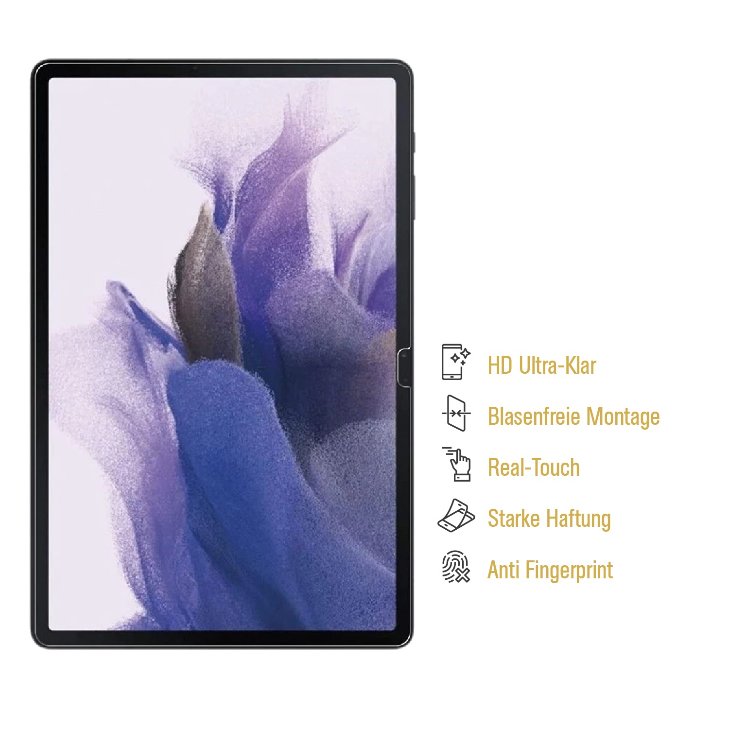 Ein Tablet zeigt ein verschwommenes lila-weißes Design. Text und Symbole weisen auf Funktionen hin: HD Ultra-klar, blasenfrei, Real-Touch, starker Halt und Anti-Fingerabdruck.