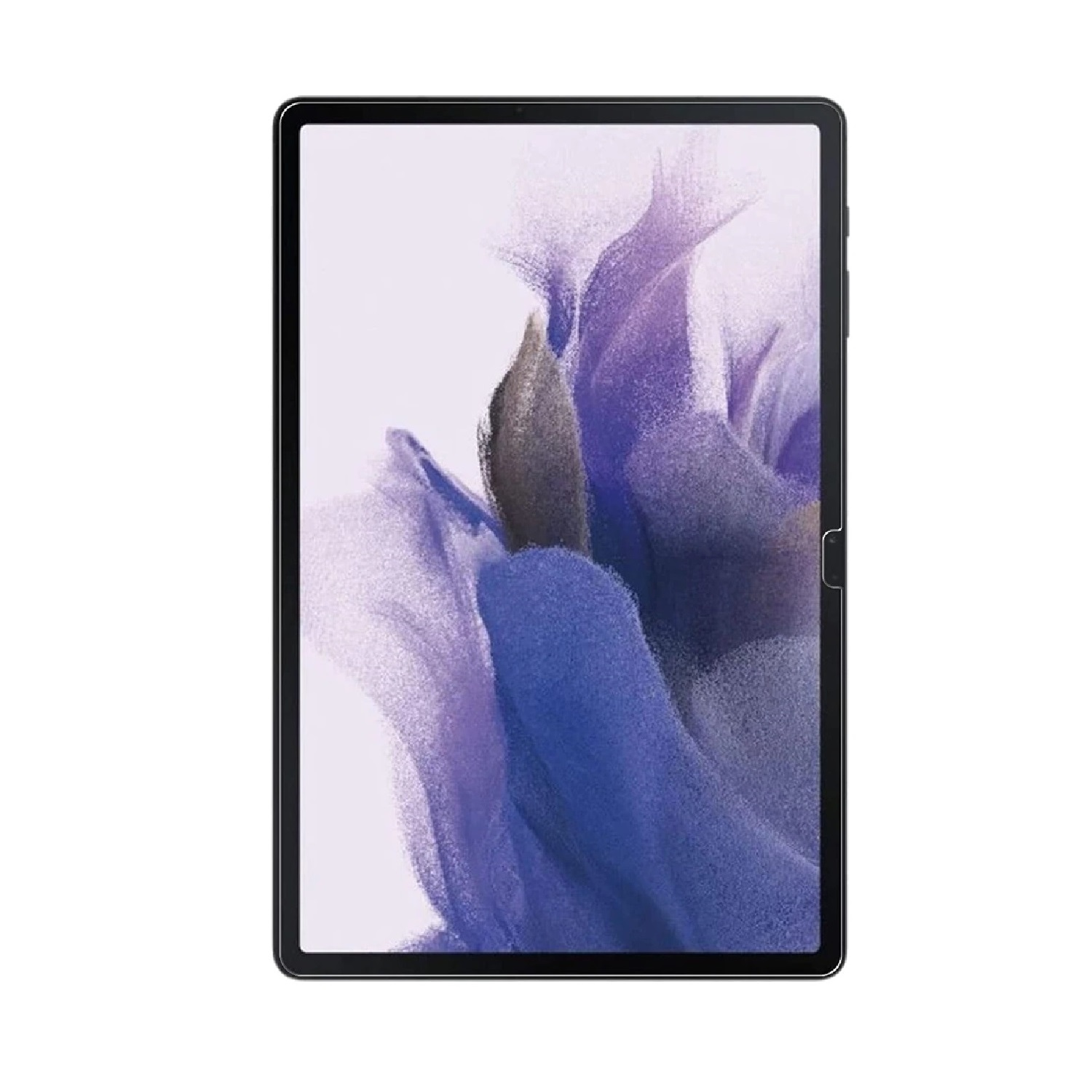 Ein Tablet wird angezeigt, es hat einen schwarzen Rahmen und einen Bildschirm mit abstrakten lila und blauen Formen.