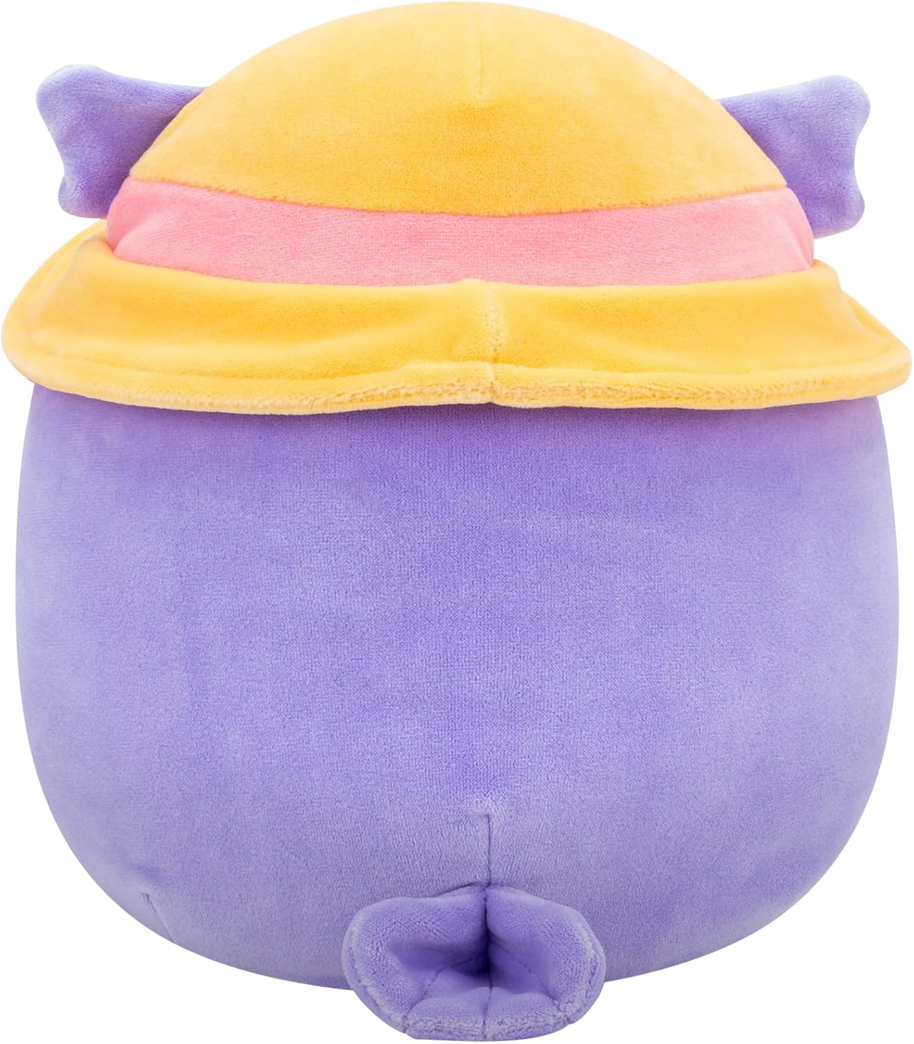 Ein Plüschtier in Tierform. Es hat einen lila Körper, einen gelben Hut mit rosa Streifen und einen lila Schwanz.