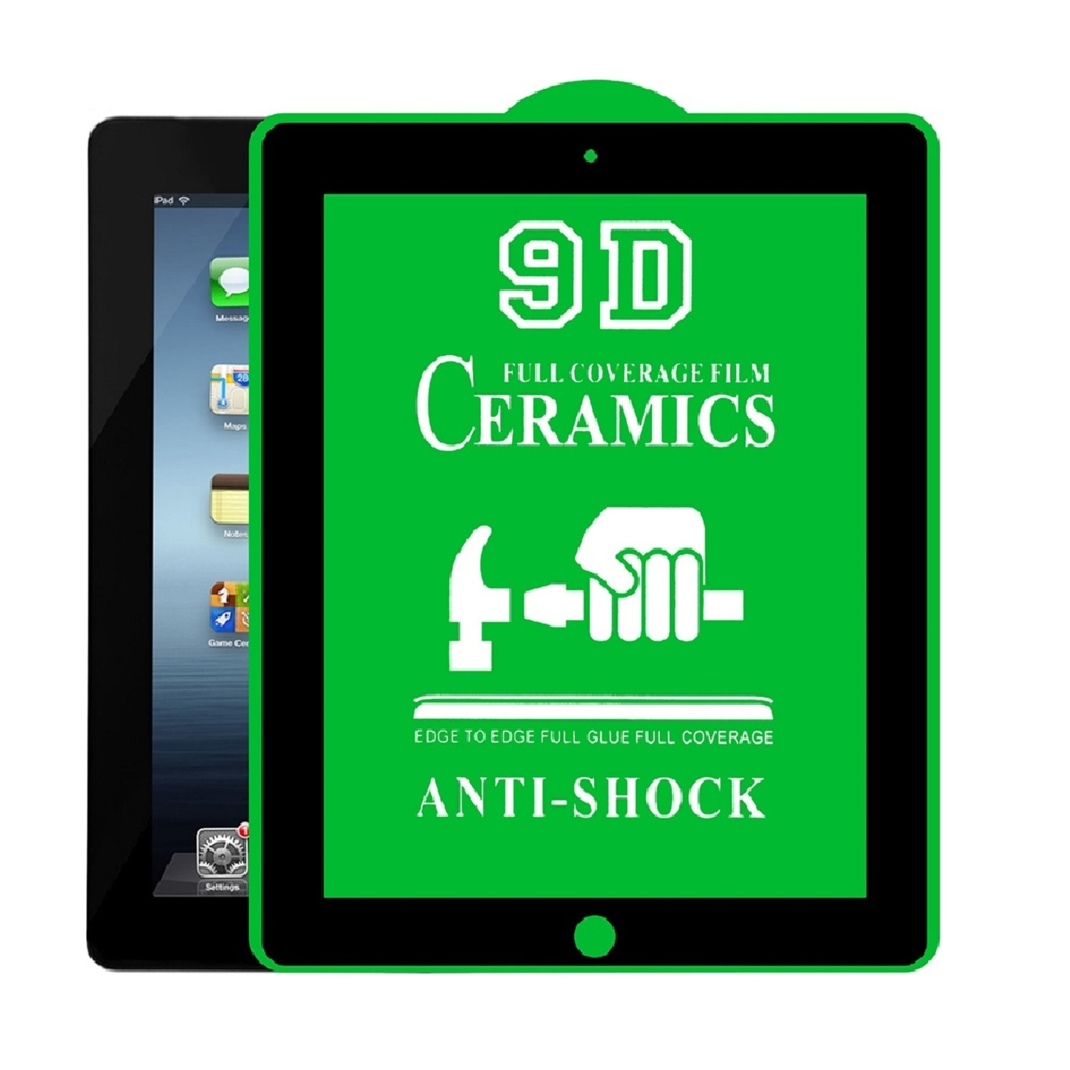 Zwei Tablets, eines mit sichtbaren Apps, das andere mit einem grünen Displayschutz. Text auf dem Schutz: 9D Ceramics, Anti-Shock.