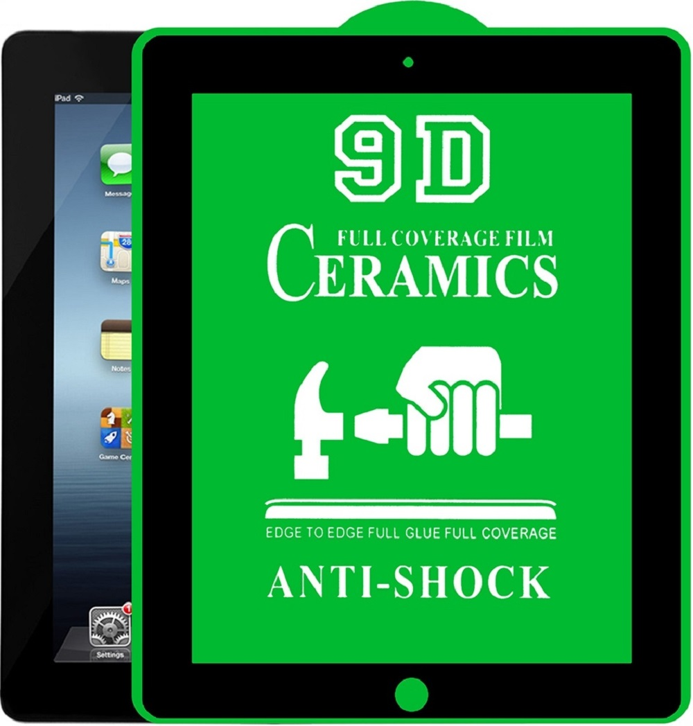 Zwei Tablets, eines schwarz und eines grün, mit Werbung für einen Displayschutz. Grünes Tablet zeigt Logo mit Text wie '9D Keramik Anti-Schock'.