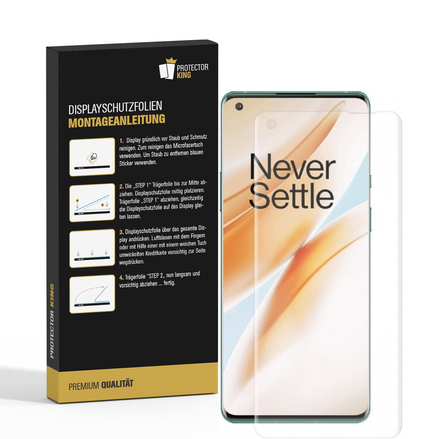 Ein Telefon mit Displayschutzfolie und eine Box mit Installationsschritten. Das Telefon hat ein 'Never Settle'-Logo.