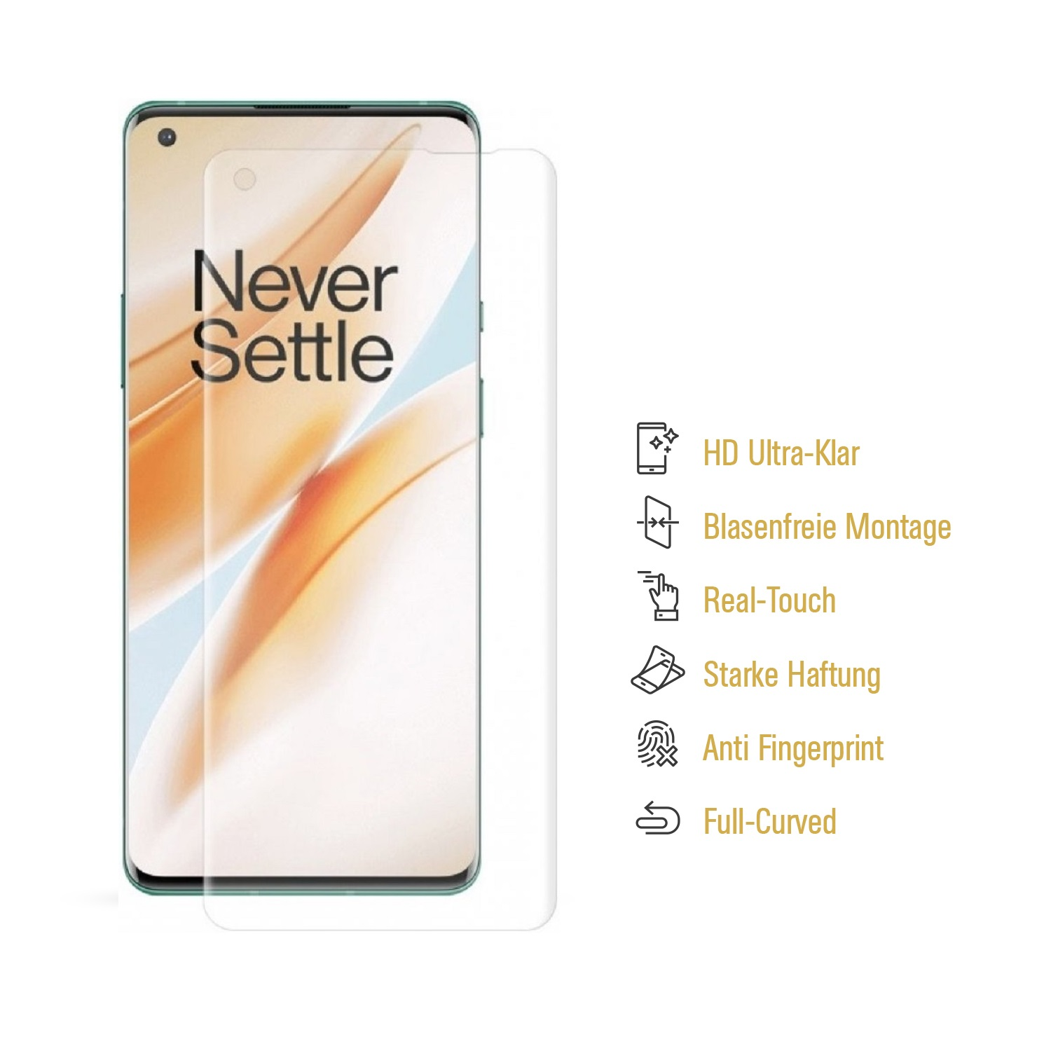 Auf dem Smartphone ist ein Displayschutz dargestellt. Text hebt Funktionen wie HD-Klarheit, einfache Installation, Real-Touch, starke Haftung und Fingerabdruckschutz hervor.
