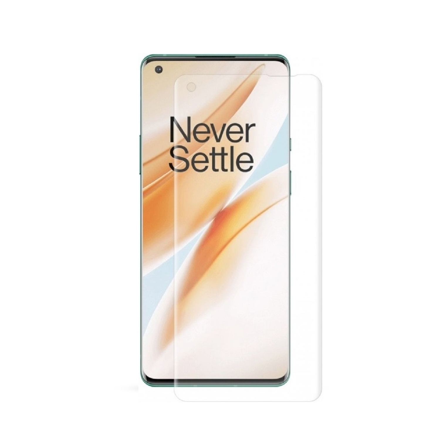 Ein Smartphone mit aufgetragener Displayschutzfolie. Auf dem Bildschirm steht der Text 'Never Settle'. Das Telefon hat einen grünen Rahmen.