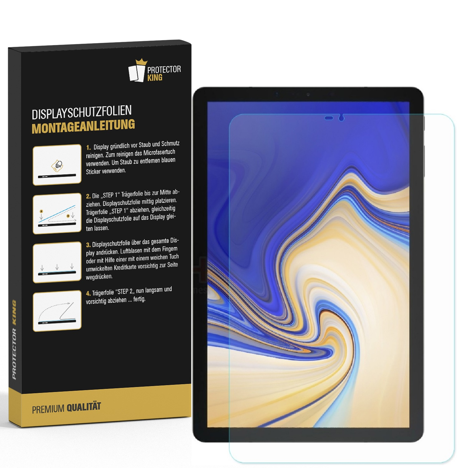 Eine schwarze Box mit Anweisungen und ein Tablet mit einer Displayschutzfolie.