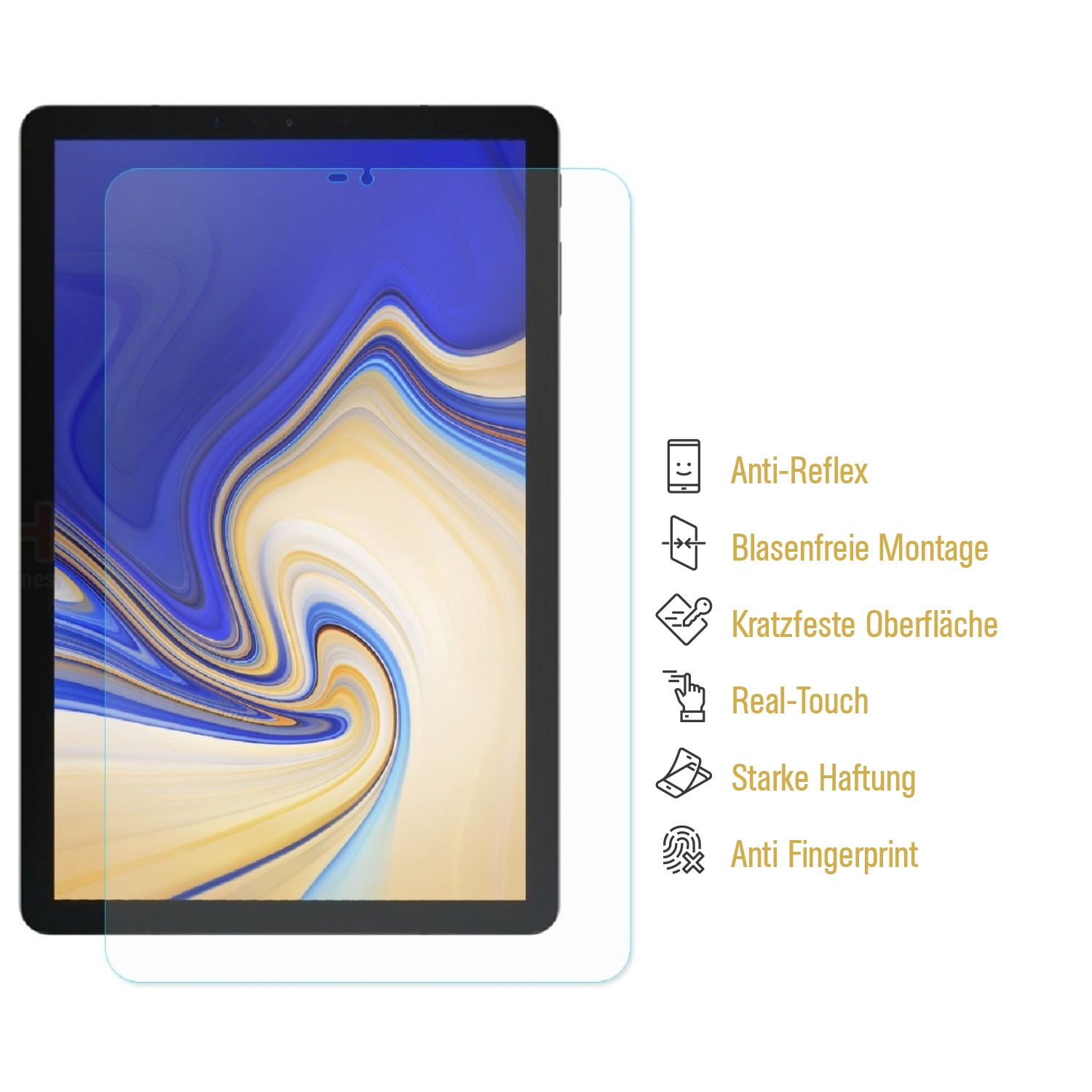 Ein Tablet mit Displayschutzfolie. Text rechts listet Eigenschaften: Anti-Reflex, blasenfreie Montage, kratzfest, Real-Touch.