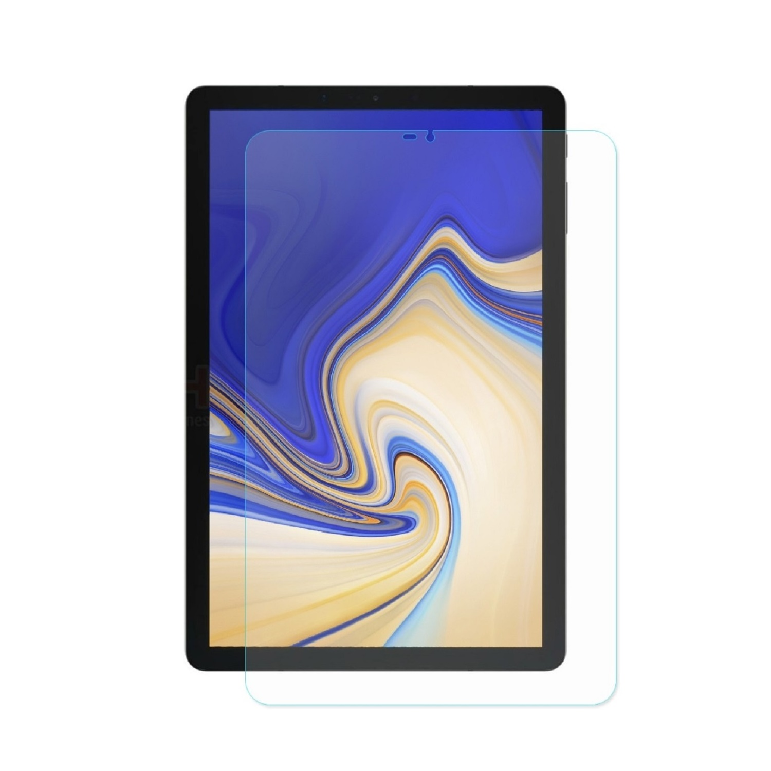 Ein Tablet mit Displayschutzfolie. Das Tablet hat einen schwarzen Rahmen und zeigt einen bunten, abstrakten Hintergrund. Der Schutz ist klar.