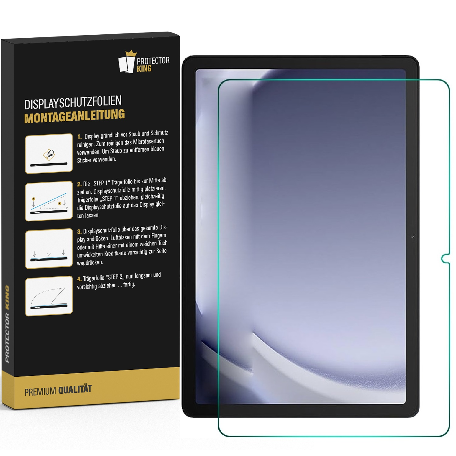 Ein Tablet mit Displayschutzfolie. Anweisungen zur Installation befinden sich auf einer schwarzen Box mit dem Protector King Logo.