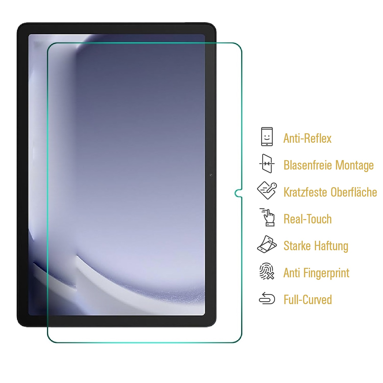 Ein Tablet mit Displayschutz. Der Displayschutz hat einen grünen Rand. Text auf der rechten Seite beschreibt Funktionen wie Anti-Reflex und Anti-Fingerprint.