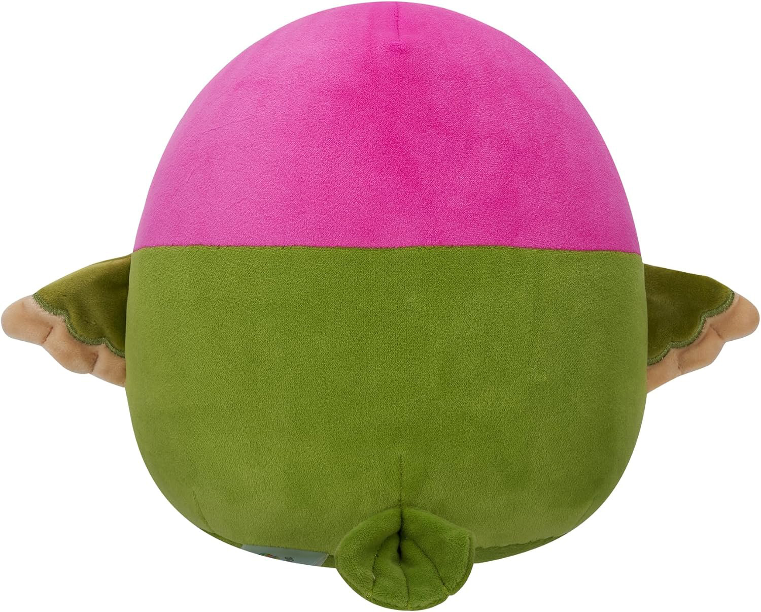 Ein plüschiges Spielzeug in Eiform. Die Oberseite ist rosa, die Unterseite grün, mit kleinen Flügeln und einem Schwanz. Der Hintergrund ist weiß.