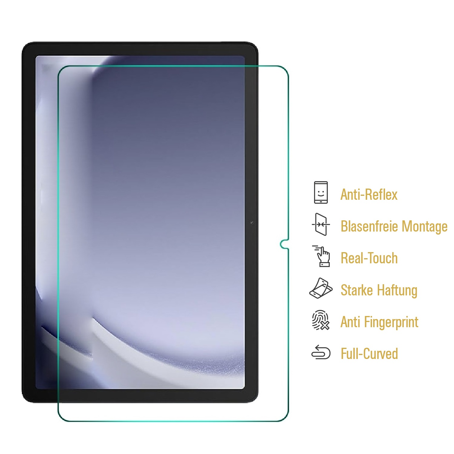 Tablet mit Displayschutzfolie. Merkmale: Anti-Reflex, blasenfreie Montage, Real-Touch, starke Haftung, Anti-Fingerprint und Full-Curved.
