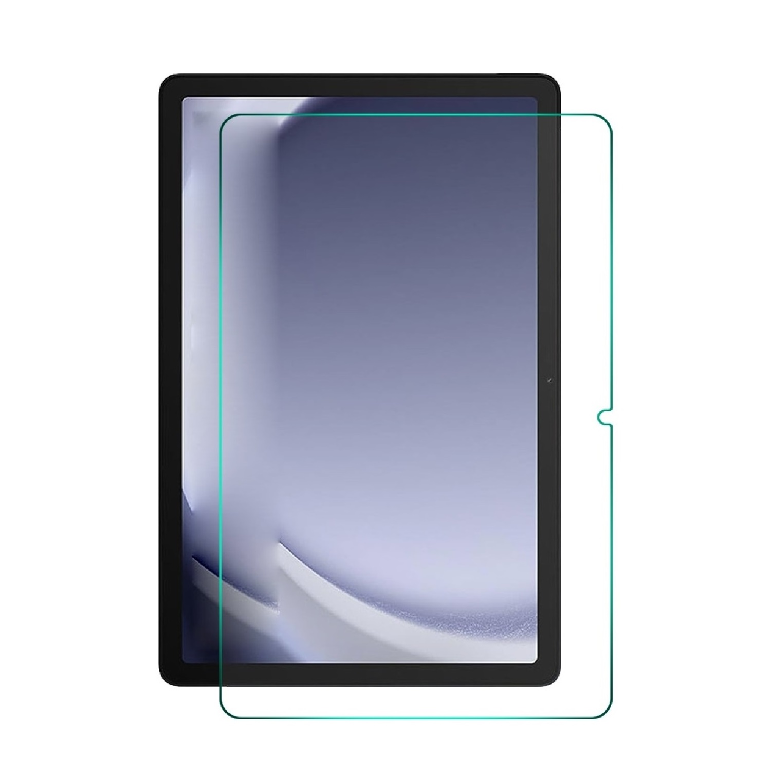 Ein Tablet mit Displayschutzfolie. Das Tablet ist schwarz, der Bildschirm hellblau. Der Schutz hat eine grüne Umrandung.