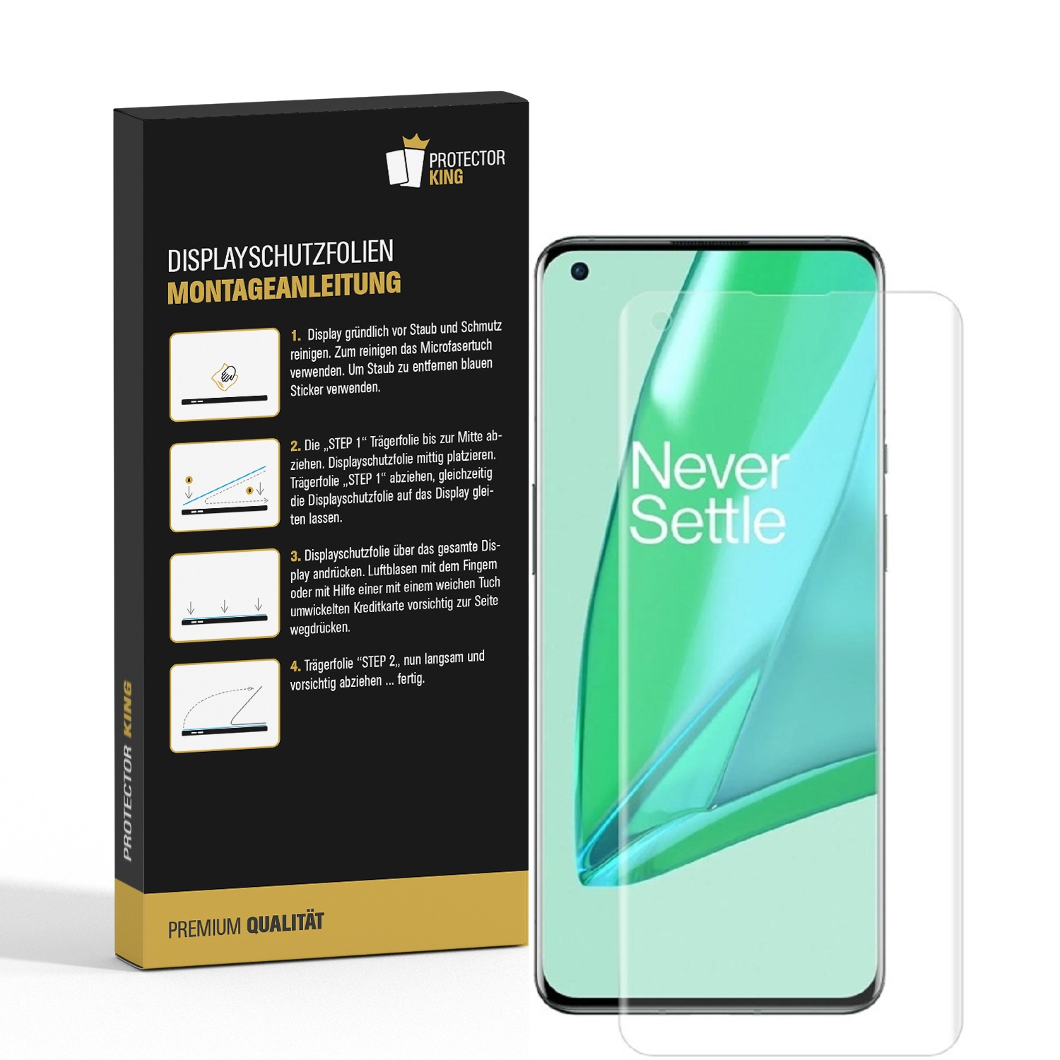 Ein Telefon mit Displayschutz, eine Box mit Anweisungen und die Worte 'Never Settle' auf dem Bildschirm.