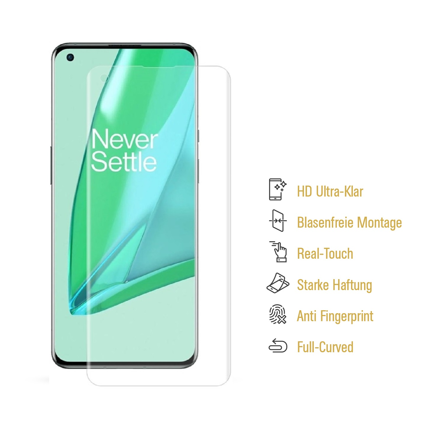 Ein Telefon mit Displayschutzfolie. Merkmale sind HD-Klarheit, blasenfreie Installation, Real-Touch, starker Halt und Fingerabdruckschutz.