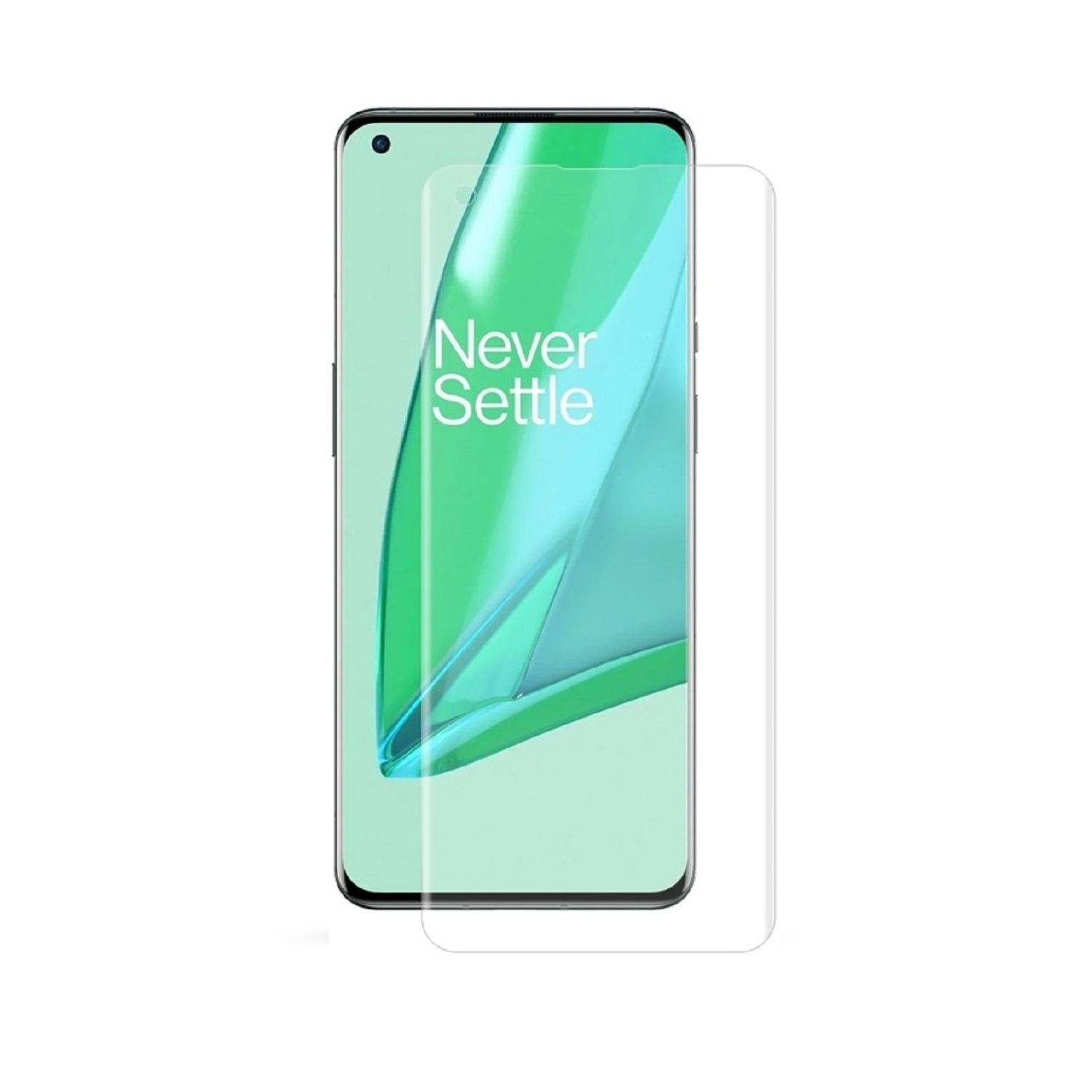 Smartphone mit aufgebrachter Displayschutzfolie. Das Telefon zeigt ein grün-weißes Design mit dem Schriftzug 'Never Settle'.