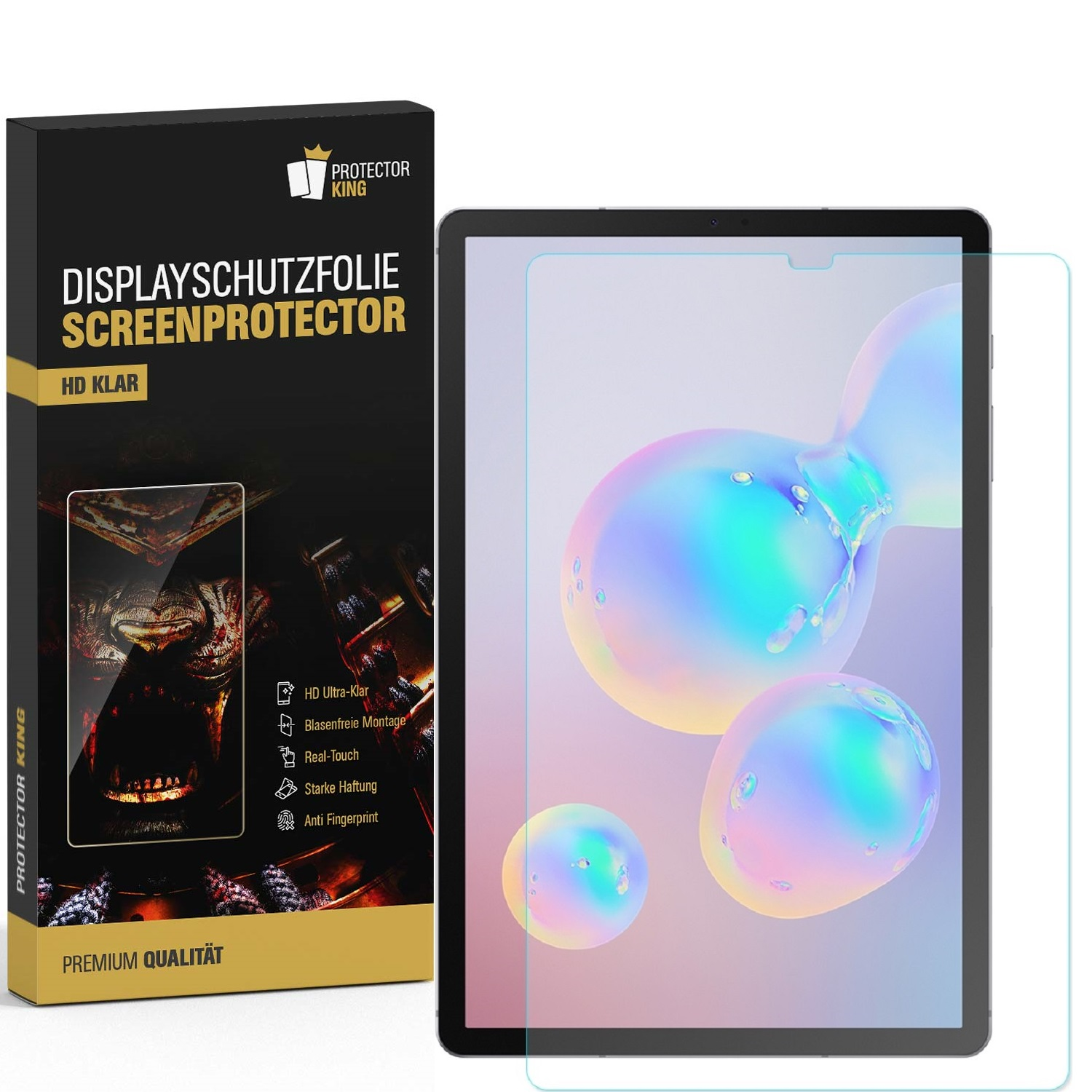 Ein Tablet mit Displayschutzfolie neben einer Produktverpackung. Auf der Verpackung steht 'Displayschutzfolie Screenprotector' und 'HD Klar'.