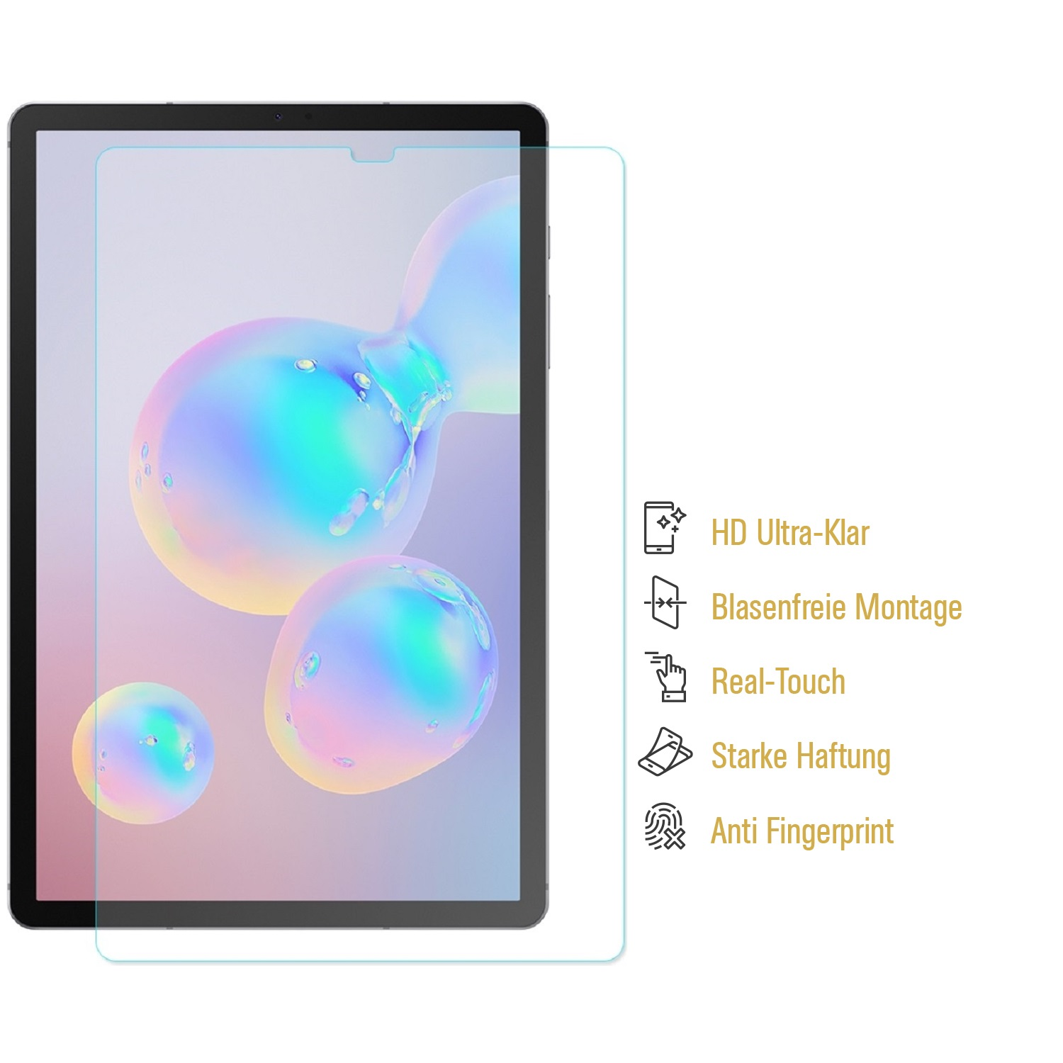 Tablet mit aufgebrachter Displayschutzfolie. Merkmale: HD Ultra-Klar, Blasenfreie Montage, Real-Touch, Starke Haftung, Anti-Fingerprint.