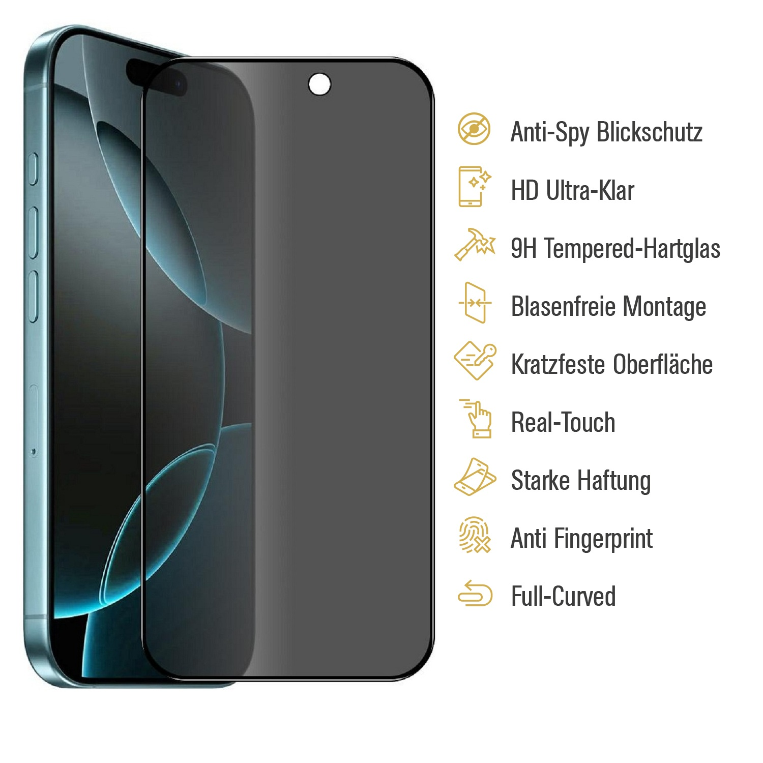 Smartphone mit aufgebrachter Displayschutzfolie. Merkmale sind Anti-Spy, HD-Klarheit, 9H gehärtetes Glas und Anti-Fingerprint.