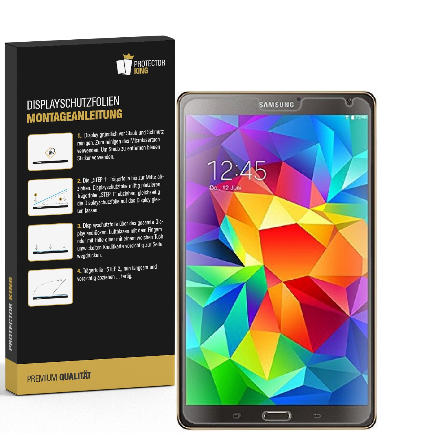 Ein Tablet-Bildschirm mit einem farbenfrohen geometrischen Muster, mit einer Displayschutzfolienbox links.