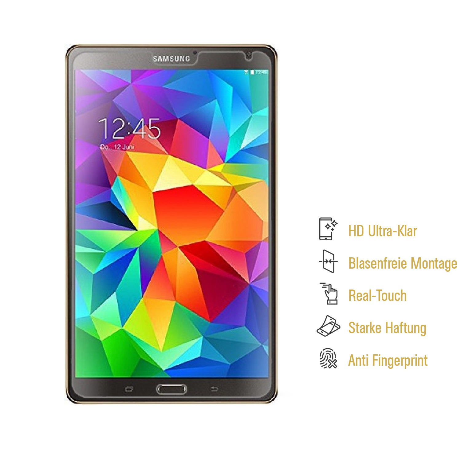 Ein Tablet mit farbenfrohem geometrischem Design. Der Bildschirm zeigt Uhrzeit und Datum. Text listet Funktionen wie HD-Klarheit.