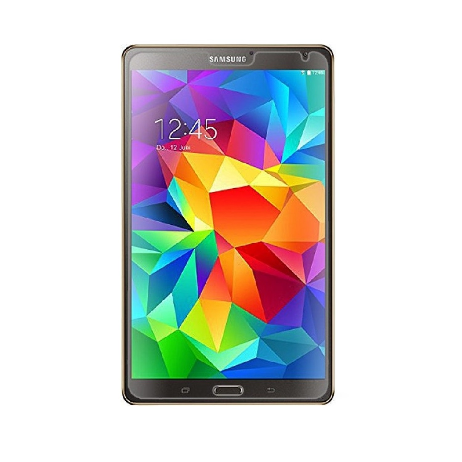 Ein Samsung-Tablet zeigt ein farbenfrohes, abstraktes Bild auf dem Bildschirm. Die Uhrzeit ist 12:45 Uhr, der 12. Juni.