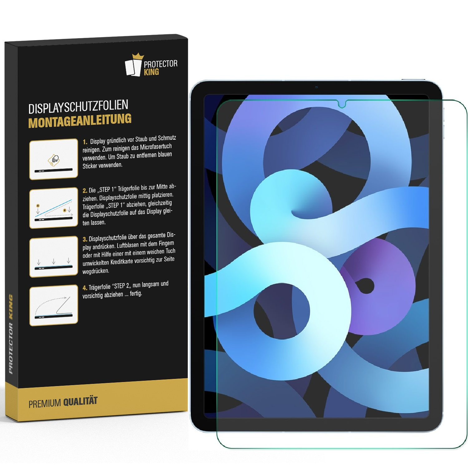 Ein Tablet mit Displayschutzfolie neben einer Box. Die Box enthält Anweisungen zum Anbringen des Schutzes.