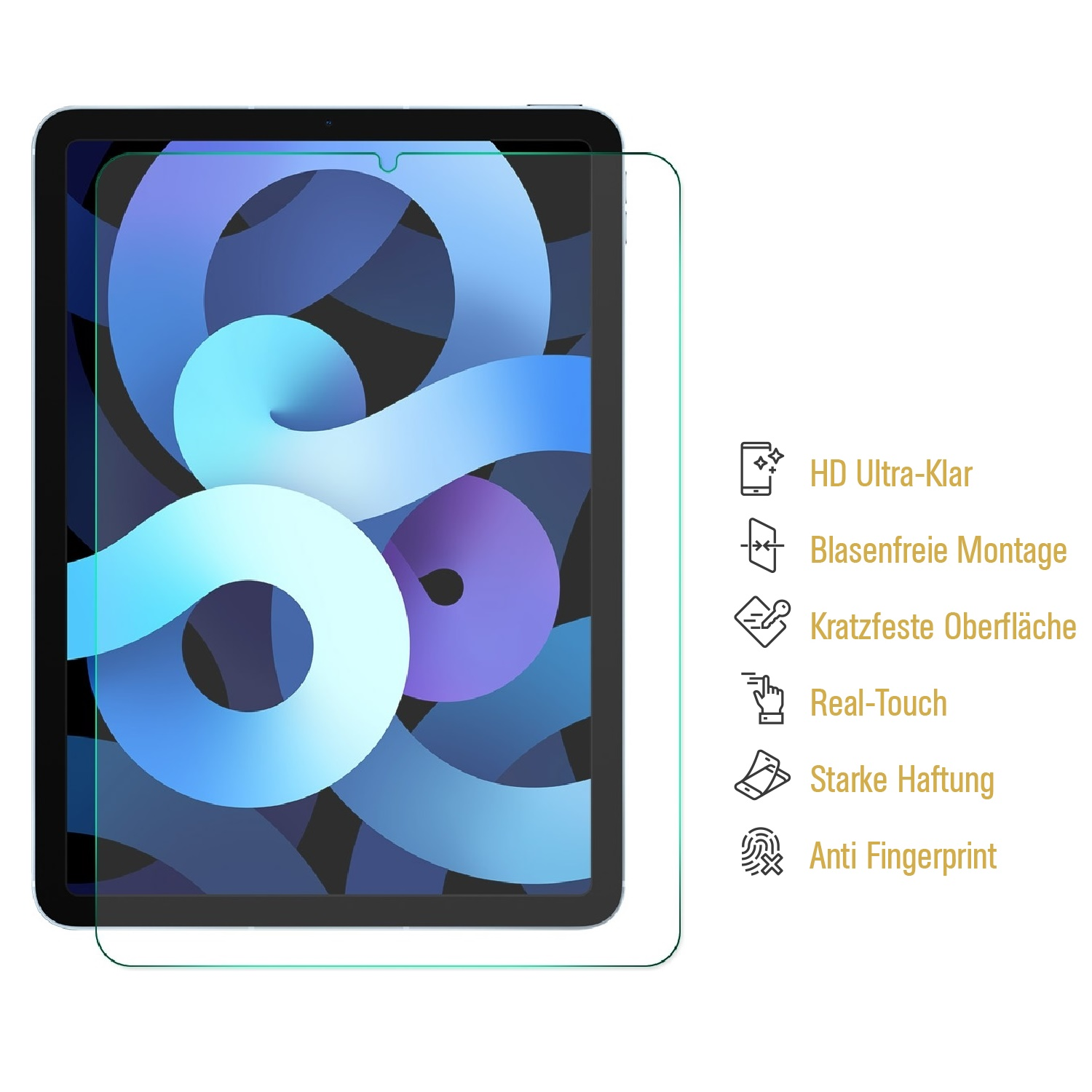 Ein iPad mit Displayschutzfolie. Merkmale sind HD-Klarheit, blasenfreie Montage, Kratzfestigkeit, Real-Touch, starke Haftung und Anti-Fingerprint.