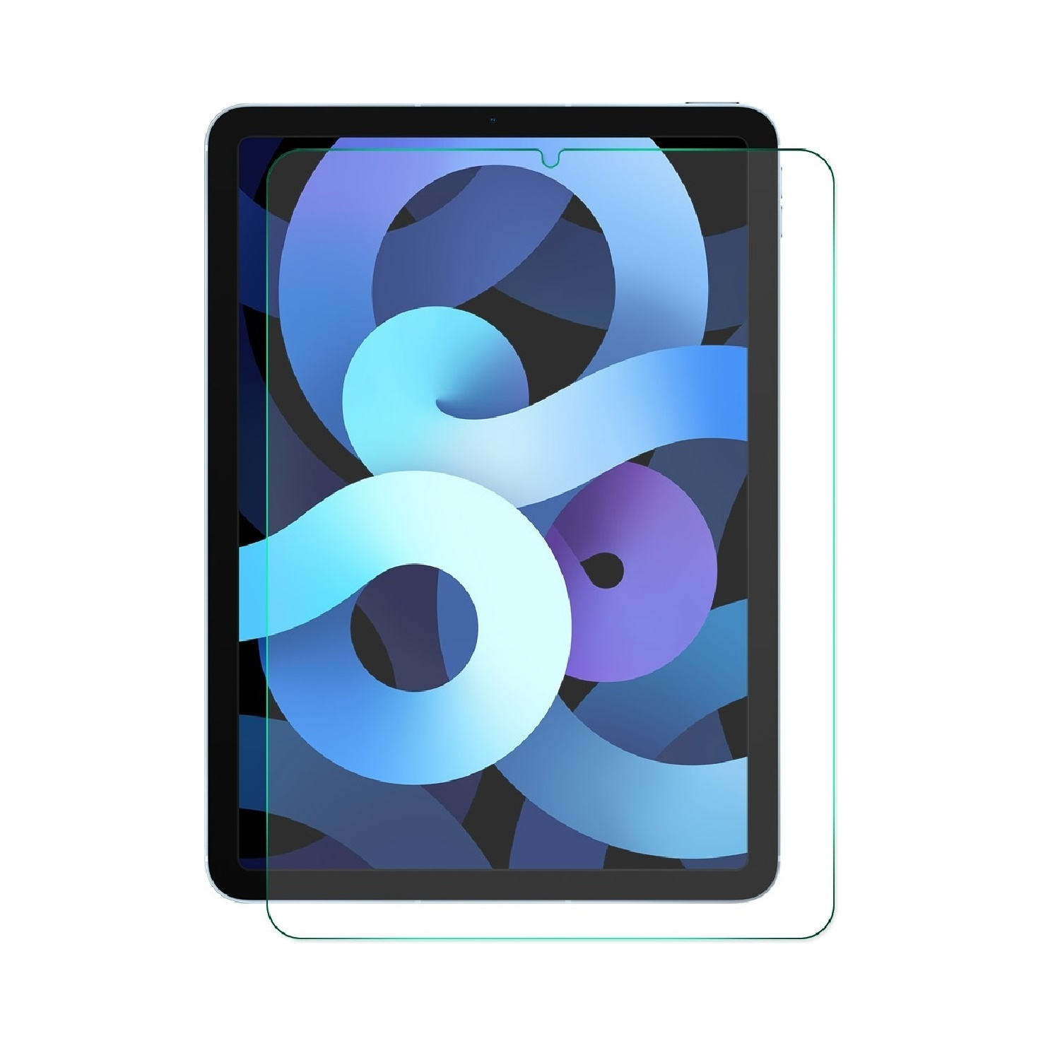 Ein iPad mit Displayschutzfolie. Der Bildschirm zeigt ein blau-violettes abstraktes Design. Ein Displayschutz ist auf dem iPad angebracht.