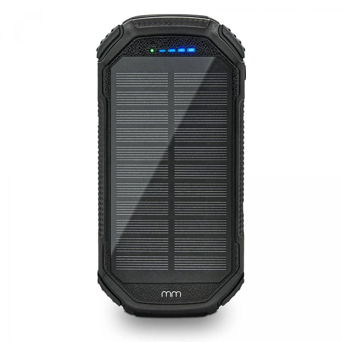 Zwarte zonne-powerbank. Het heeft een zonnepaneel, indicatielampjes en een robuust ontwerp. Het paneel heeft horizontale lijnen.