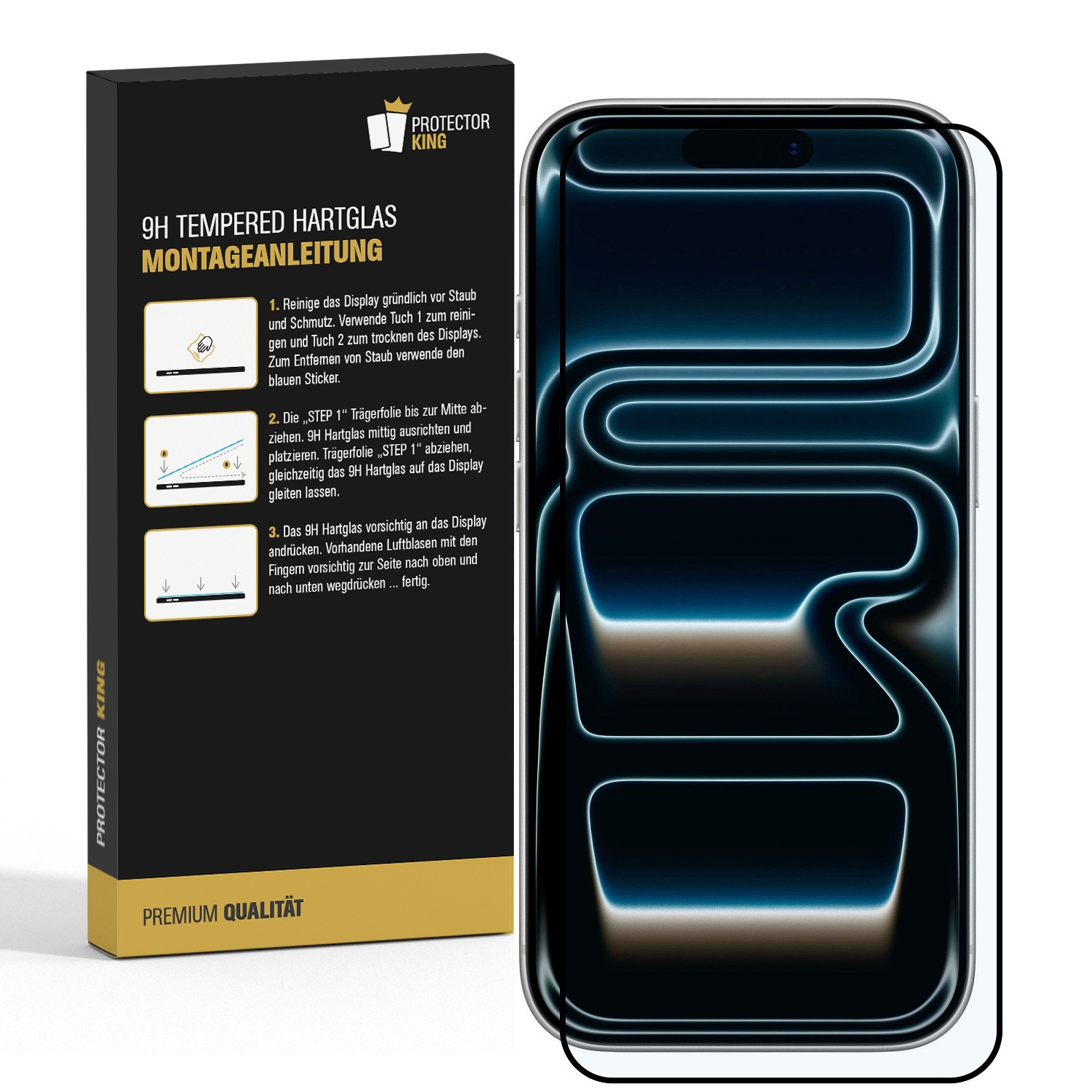 Eine Telefon-Displayschutzfolienbox und ein Telefon mit angebrachtem Schutz. Anweisungen sind auf der Box.