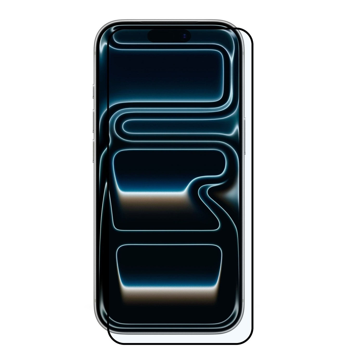 Ein Smartphone mit aufgebrachter Displayschutzfolie. Der Bildschirm zeigt neonartige blau-schwarze Designs. Weißer Hintergrund.