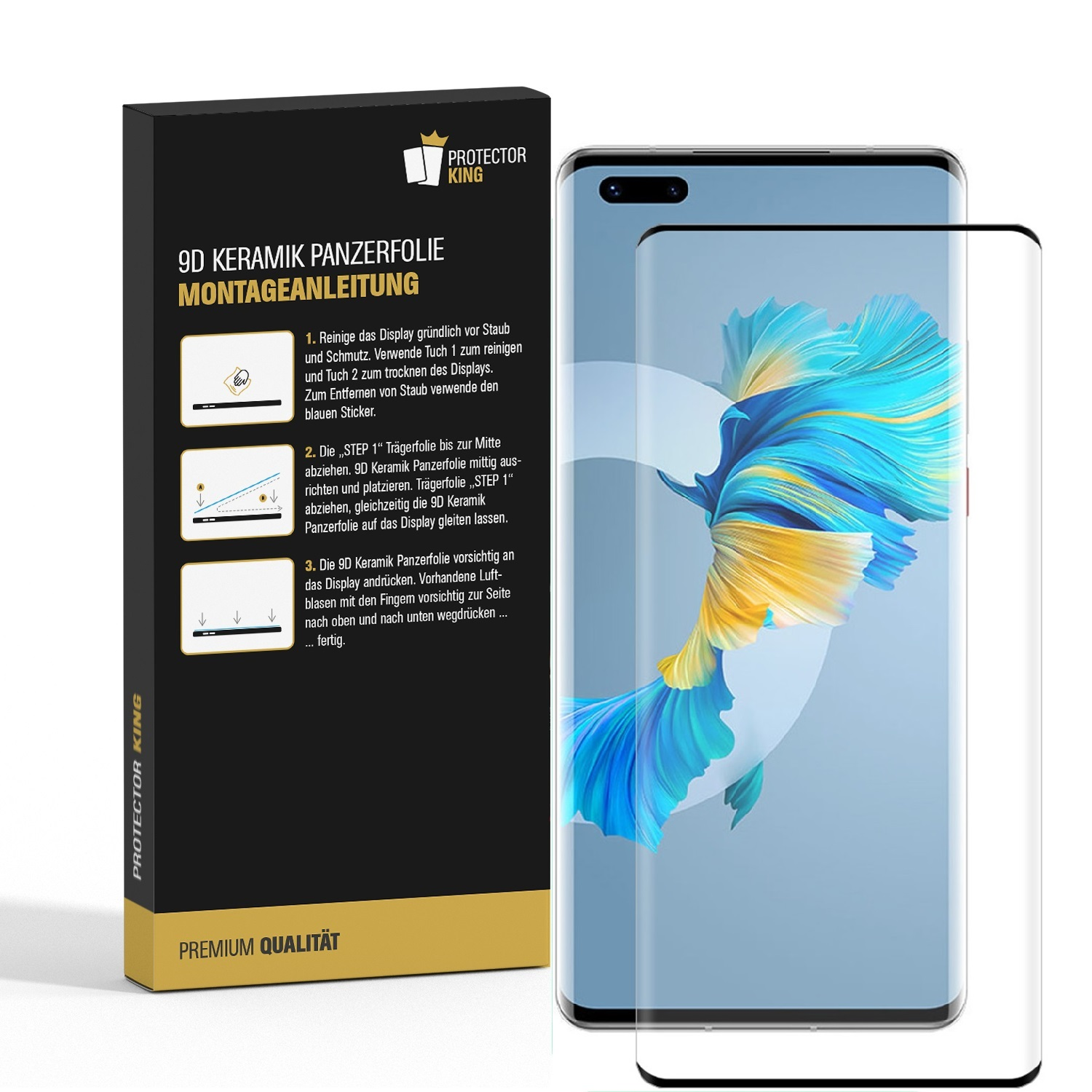 Ein Displayschutz mit Anweisungen und einem Telefon. Der Schutz wird auf dem Bildschirm des Telefons angebracht.