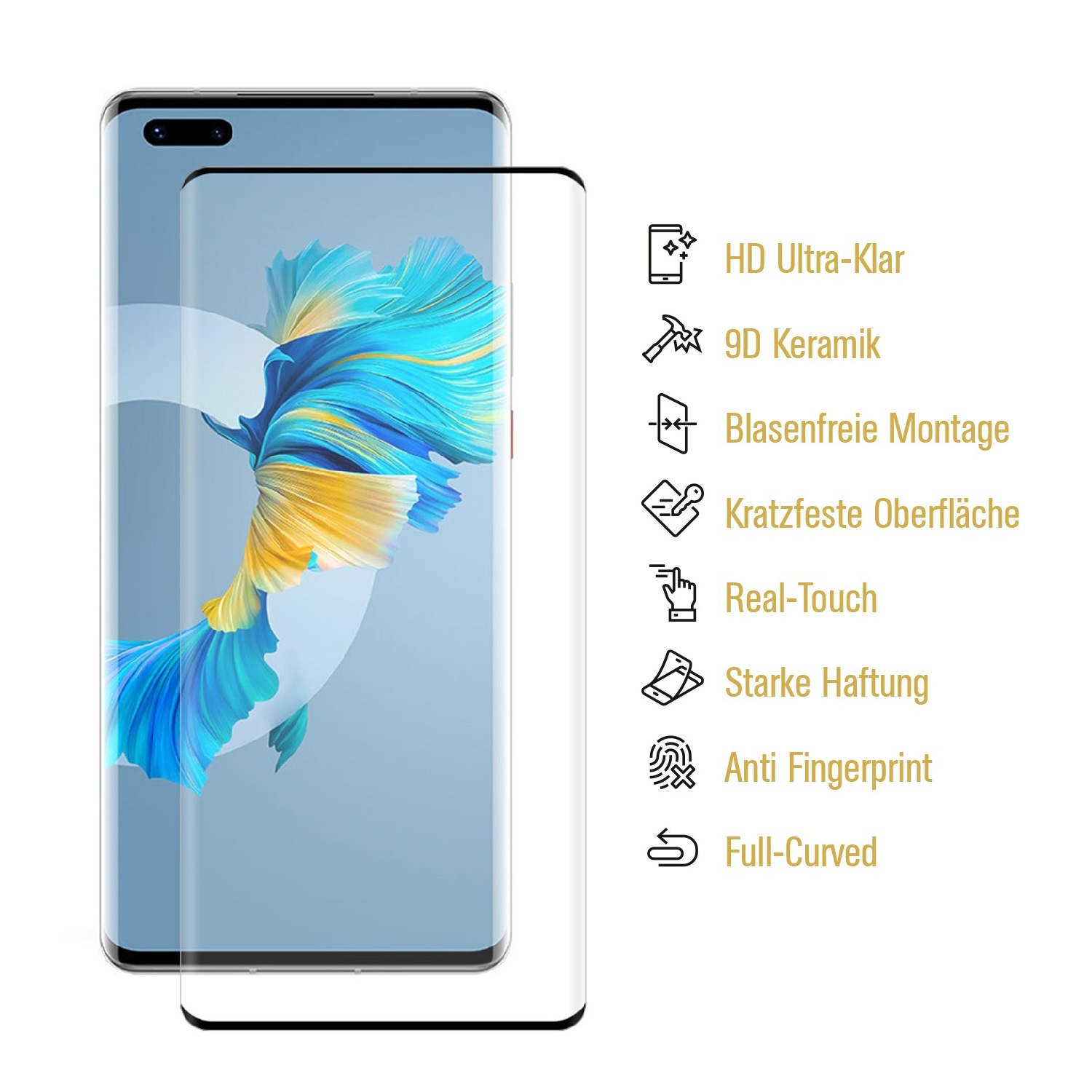 Ein Telefon mit Displayschutz. Merkmale umfassen HD-Klarheit, 9D-Keramik, blasenfreie Anbringung, Kratzfestigkeit und Anti-Fingerabdruck.