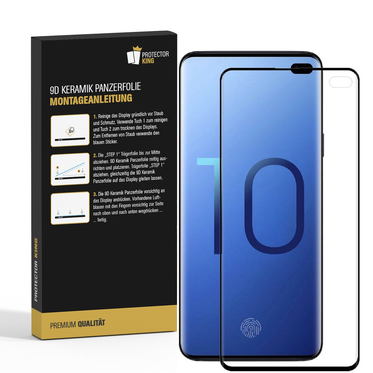 Ein Displayschutz-Kit mit Anweisungen. Der Telefonbildschirm ist blau, der Schutz ist transparent.