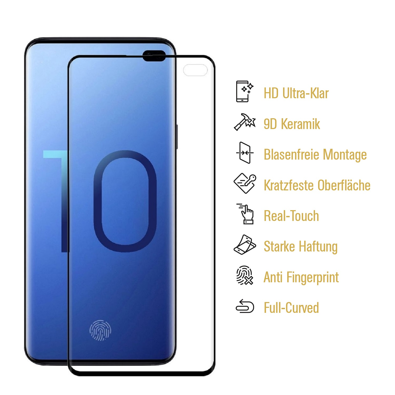 Ein Telefon mit Displayschutzfolie wird gezeigt. Zu den Merkmalen gehören HD-Klarheit, 9D-Keramik, blasenfreie Installation, Kratzfestigkeit.