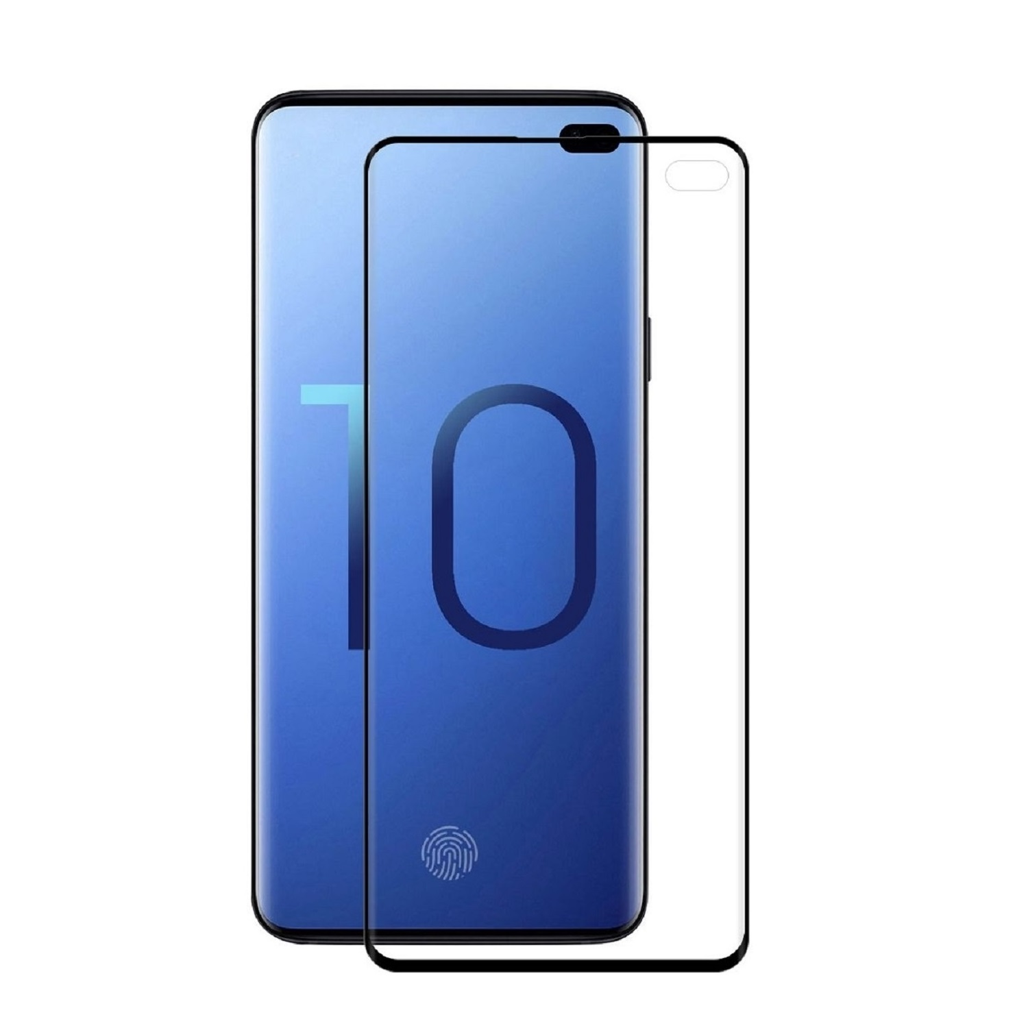 Smartphone mit aufgebrachter Displayschutzfolie. Der Bildschirm zeigt einen blauen Farbverlauf mit der Zahl '10' und einem Fingerabdrucksymbol.