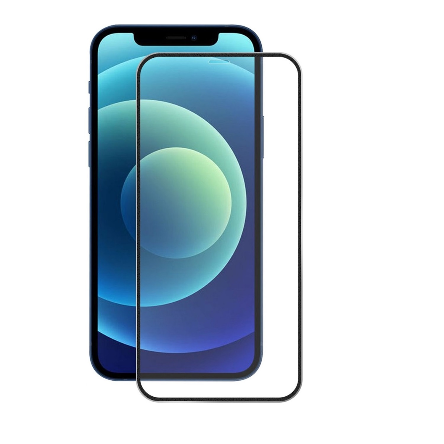 Ein blaues Smartphone mit Displayschutzfolie, beides auf weißem Hintergrund. Der Telefonbildschirm zeigt einen Farbverlauf von Blau und Grün.