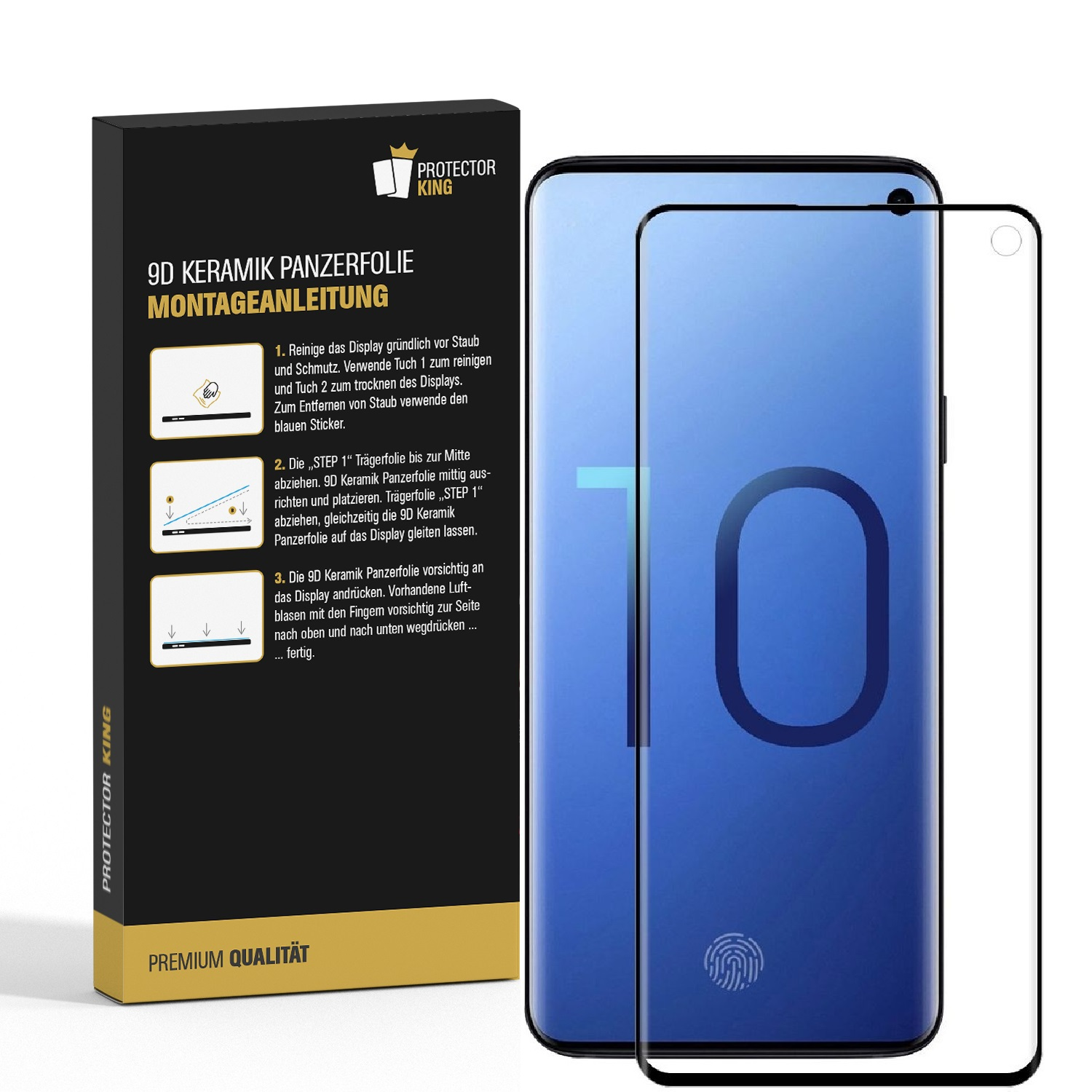 Eine Displayschutzfolie und ihre Verpackung. Die Verpackung zeigt Anweisungen, der Schutz ist auf einem Telefonbildschirm.