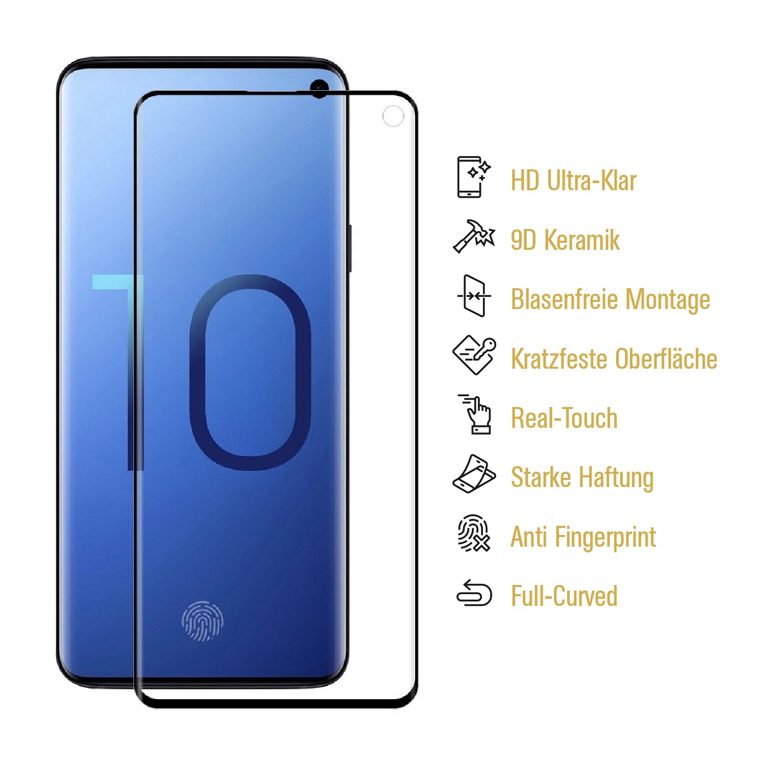 Ein Smartphone mit aufgetragener Displayschutzfolie. Merkmale sind HD-Klarheit, Keramik, blasenfreie Installation und Anti-Fingerabdruck.