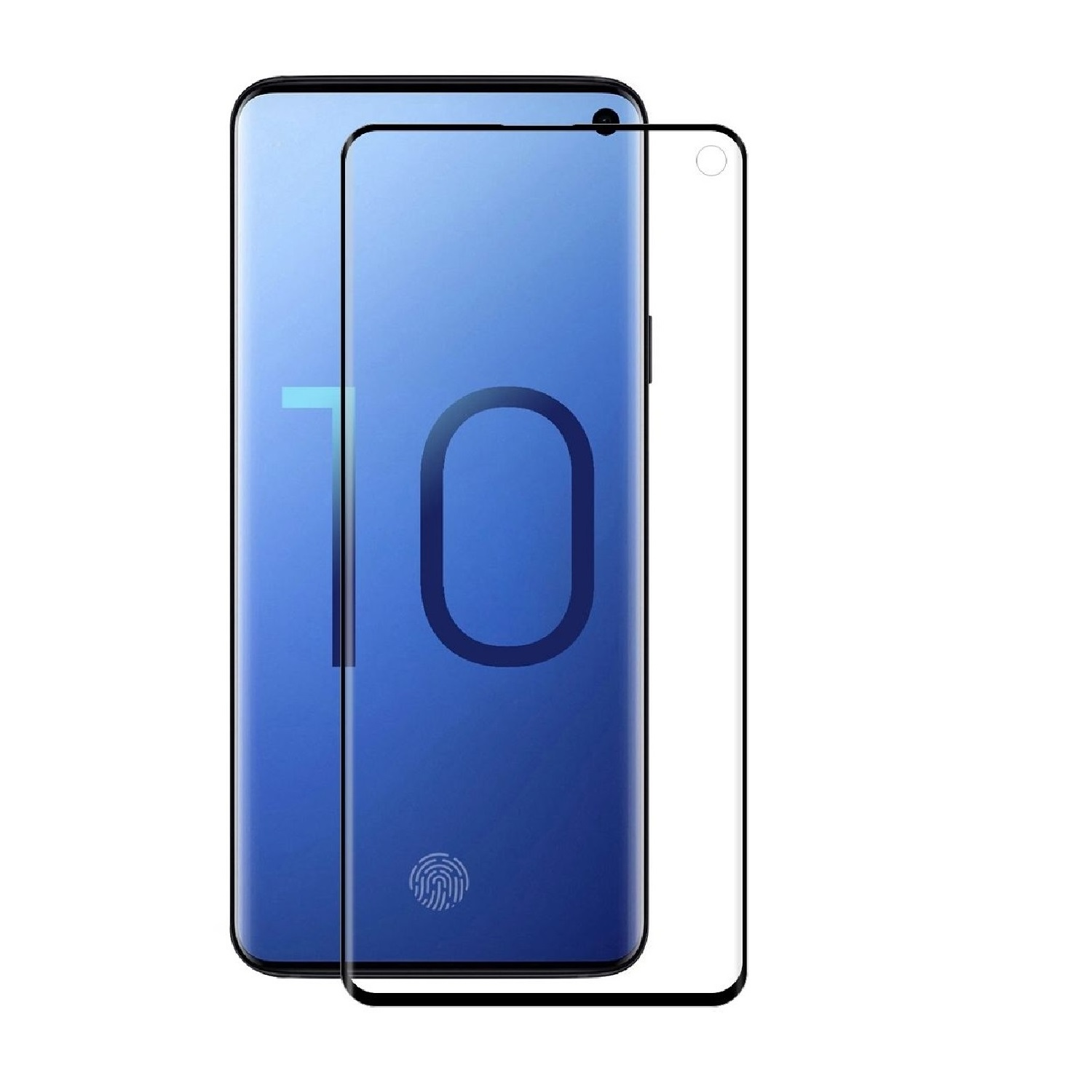 Ein Smartphone mit Displayschutz. Das Telefon hat einen blauen Farbverlauf-Bildschirm, der Protektor ist klar mit schwarzen Rändern.