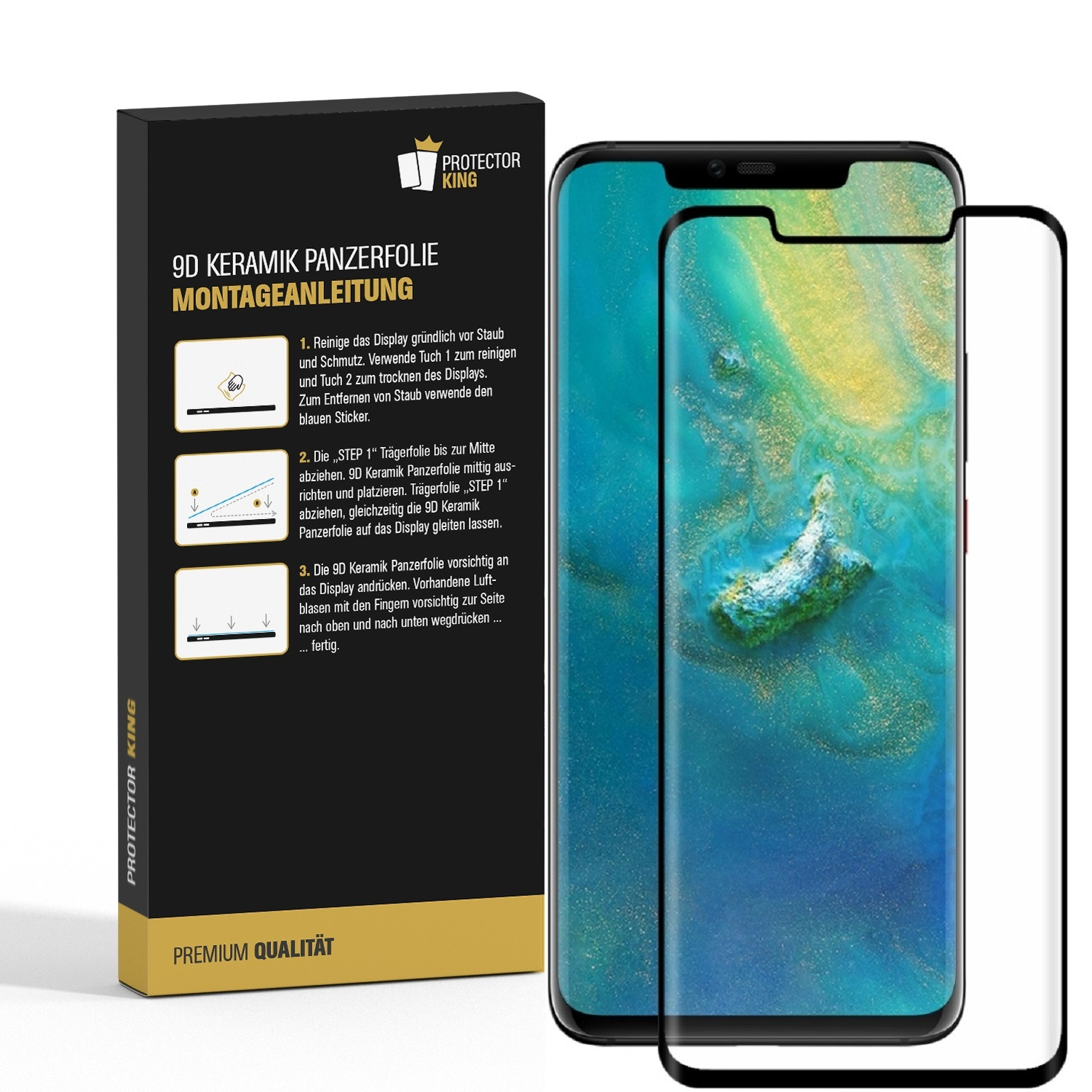 Ein Displayschutzfolienset mit Anweisungen, Telefon und Displayschutzfolie. Die Verpackung hat das Protector King Logo.