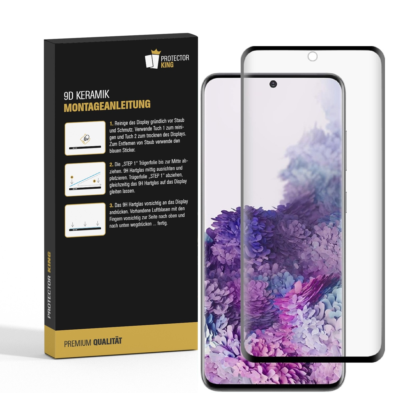 Ein Telefon mit Displayschutz neben einer Schachtel mit Anweisungen. Der Telefondisplay zeigt ein Blumendesign.