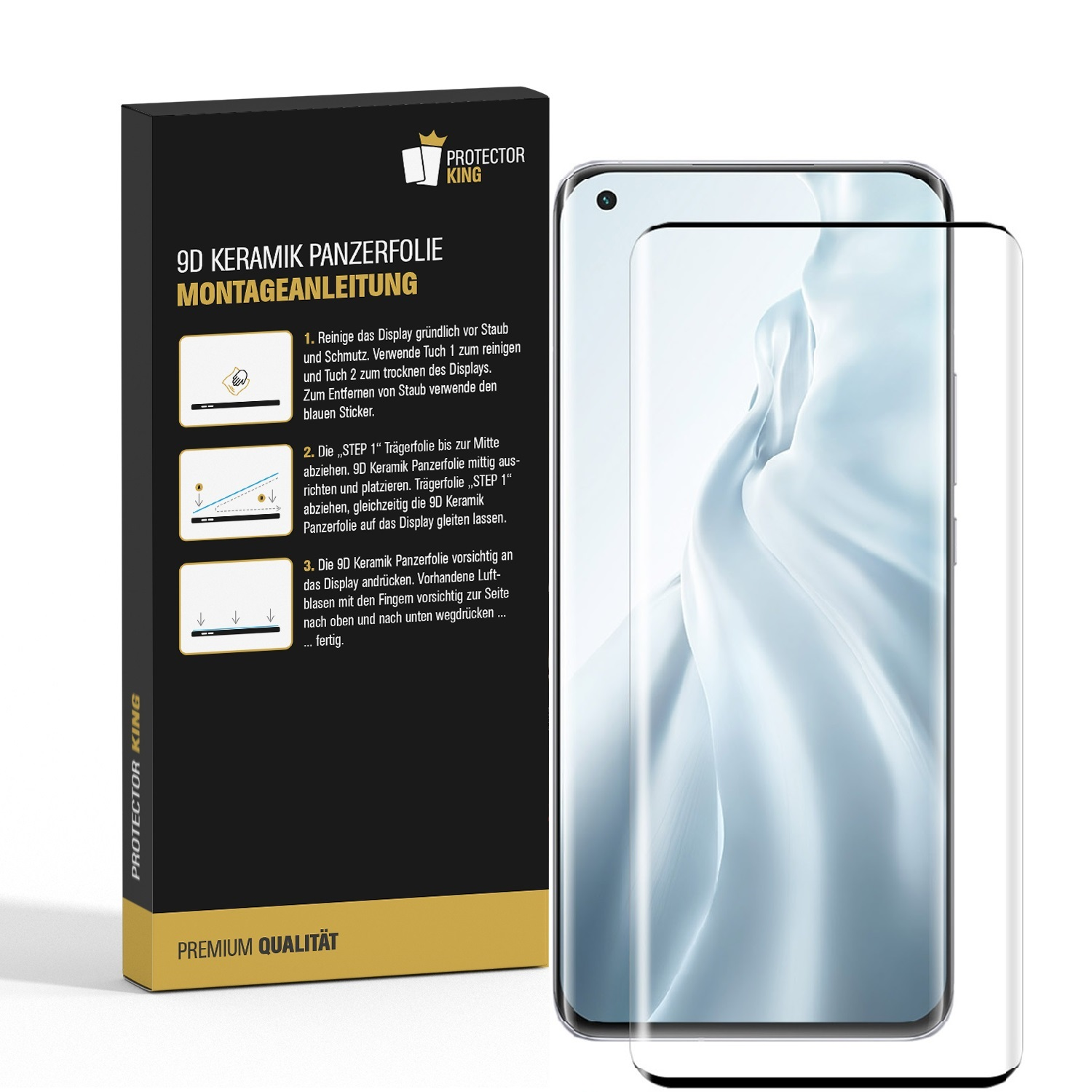 Eine Handy-Displayschutzfolie mit Anweisungen auf einer schwarzen Box. Das Handy befindet sich neben der Box.