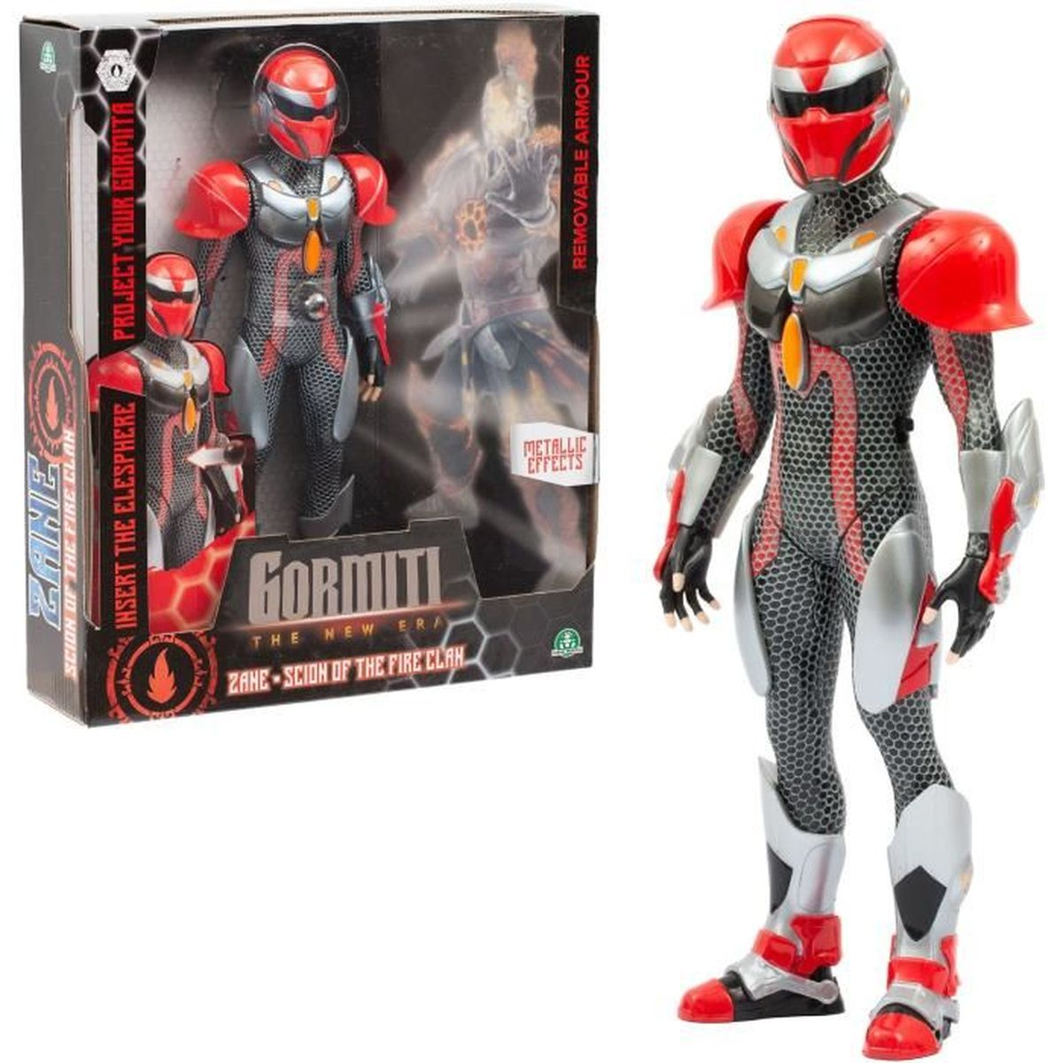 Una figura de Gormiti Zane con armadura roja, plateada y negra, de pie junto a su caja. La caja muestra la figura y tiene texto.