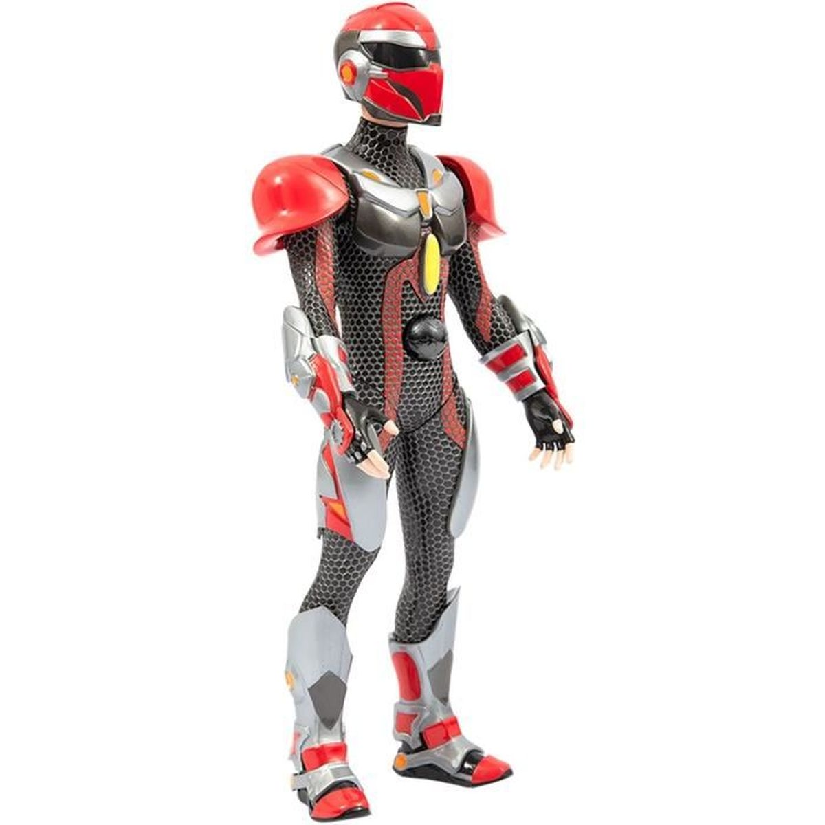Una figura de superhéroe con traje rojo y negro y casco. El traje tiene un patrón de panal. El fondo es blanco.