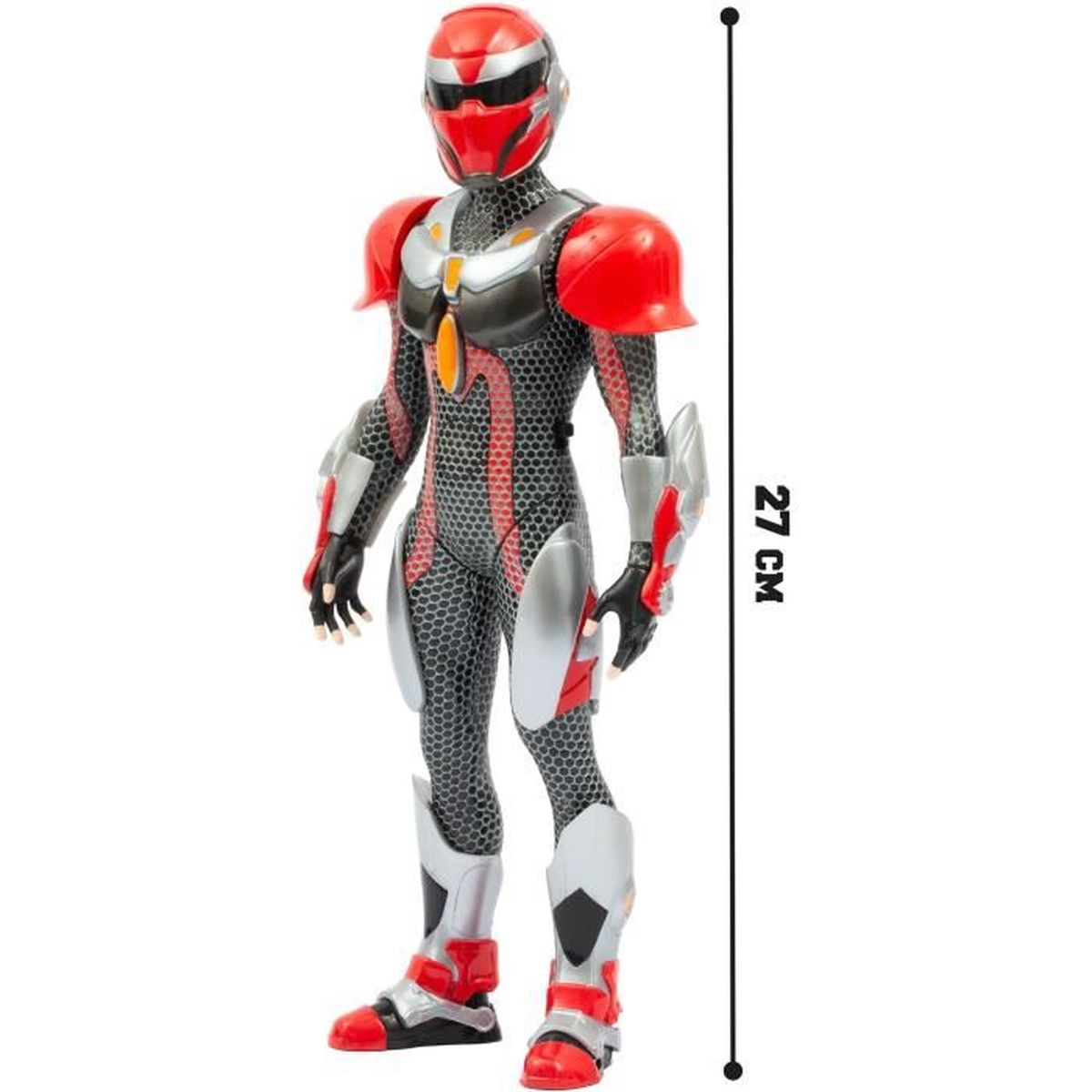 Una figura de acción futurista de pie. Viste un traje blindado rojo y plateado. La figura mide unos 27 cm de altura.